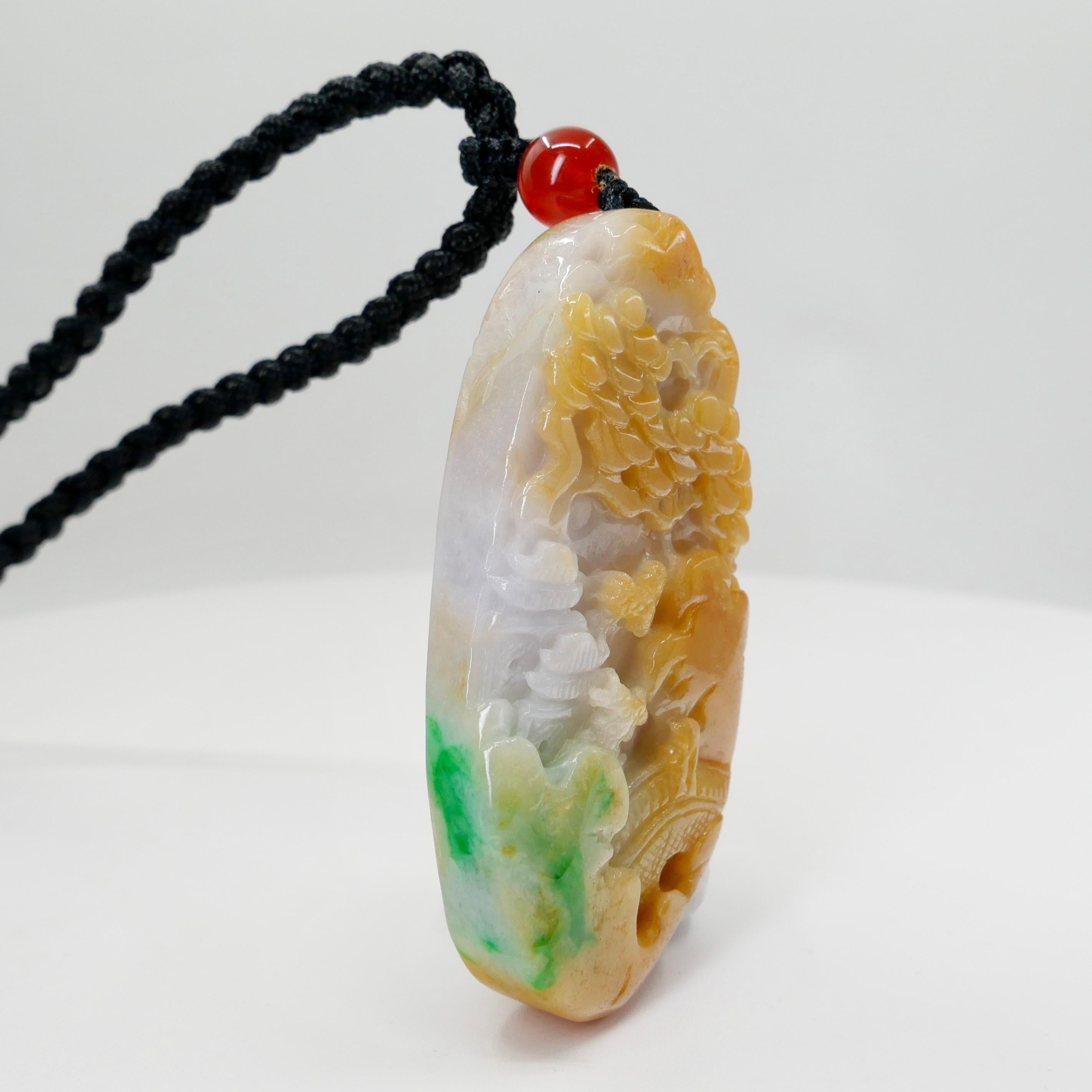 Certified Natural Multi Color Jade & Agate Pendant Necklace, Exquisite Carving For Sale 3