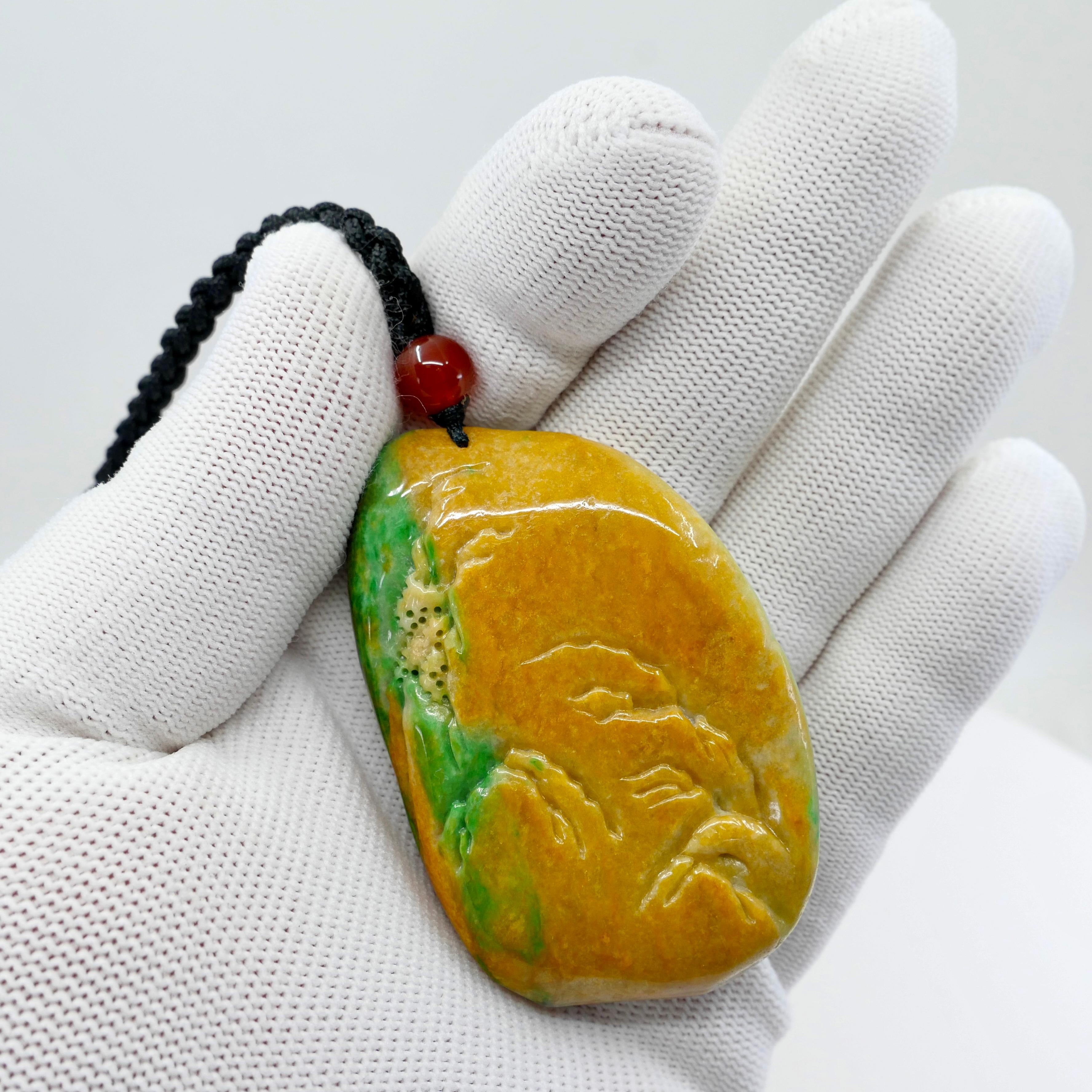 Certified Natural Multi Color Jade & Agate Pendant Necklace, Exquisite Carving For Sale 1