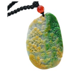 Collar Colgante Certificado de Jade Natural Multicolor y Ágata, Talla Exquisita