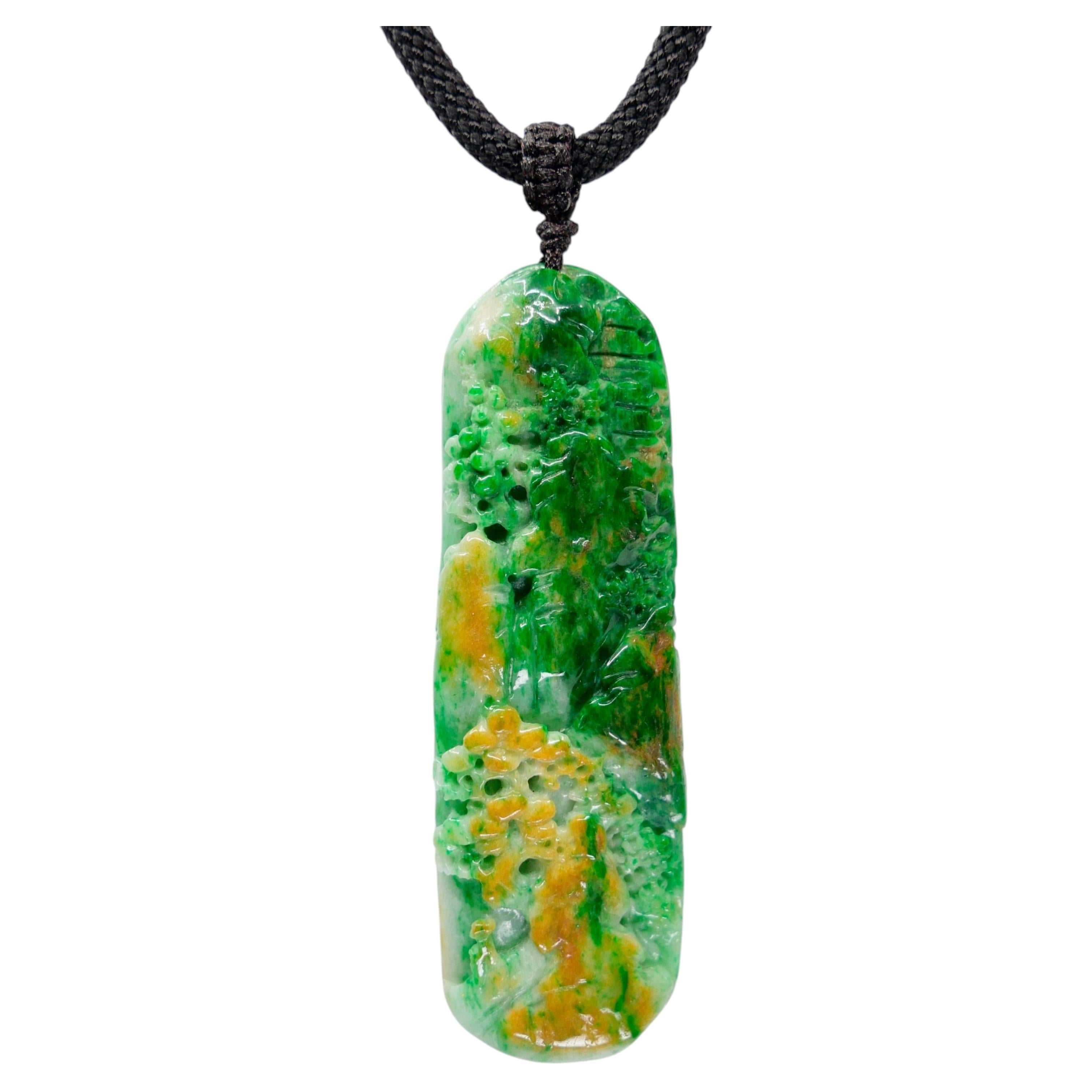 Certified Natural Multi Color Jade Pendant. Exquisite Carving. Intense Green!
