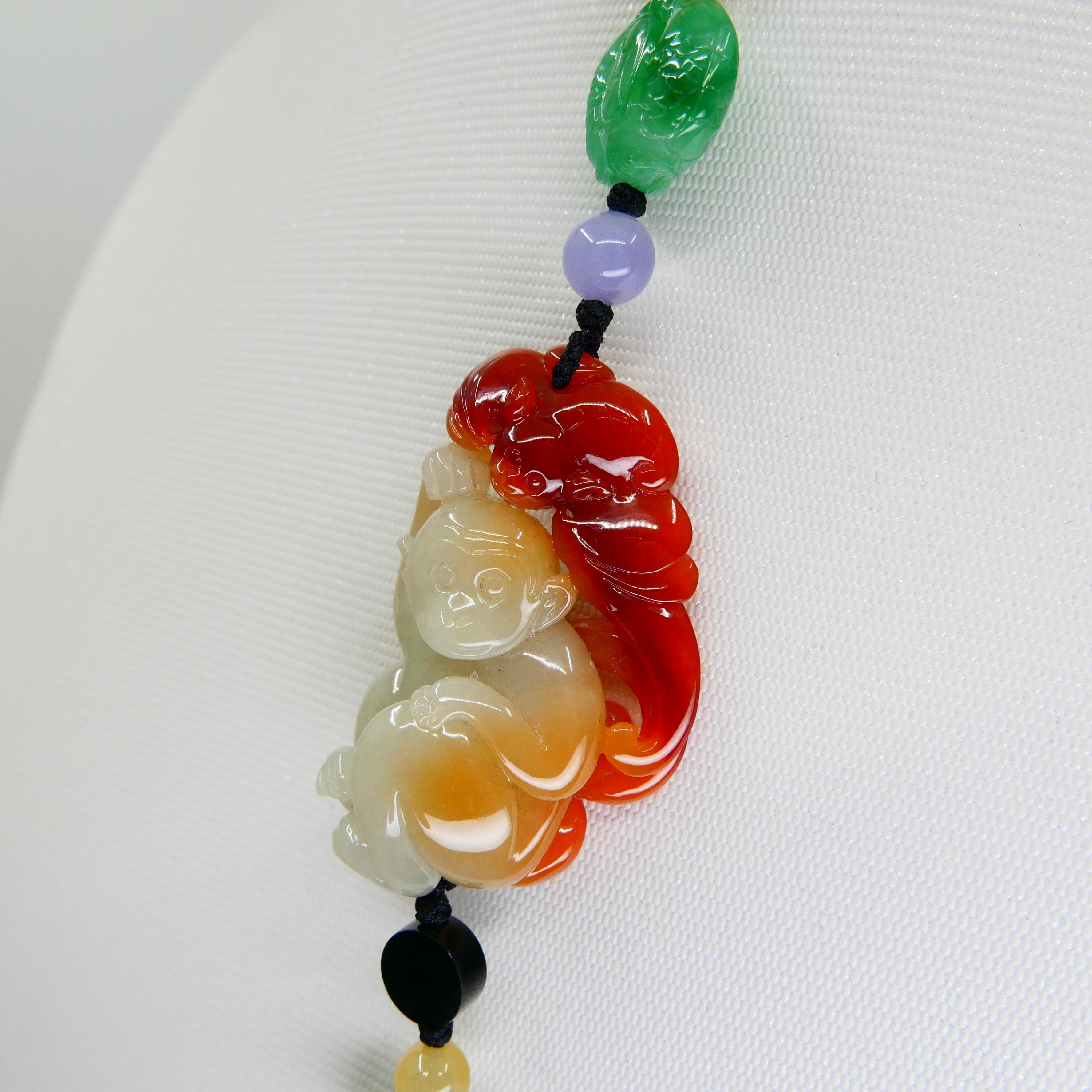 Certified Natural Multi-Colored Jadeite Jade Bead Monkey Pendant Necklace, Glows For Sale 3