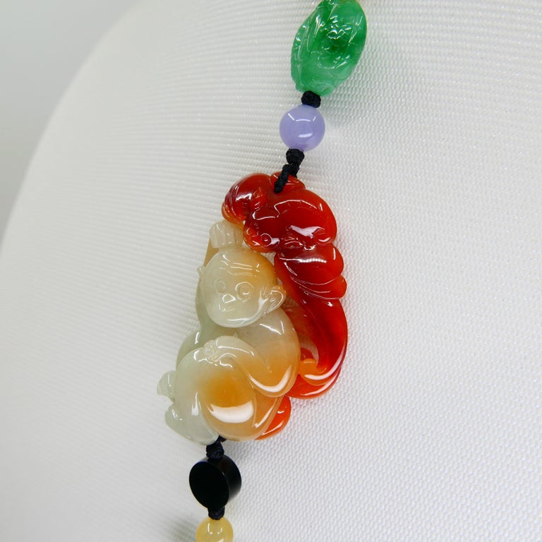 Certified Natural MultiColored Jadeite Jade Bead Monkey Pendant