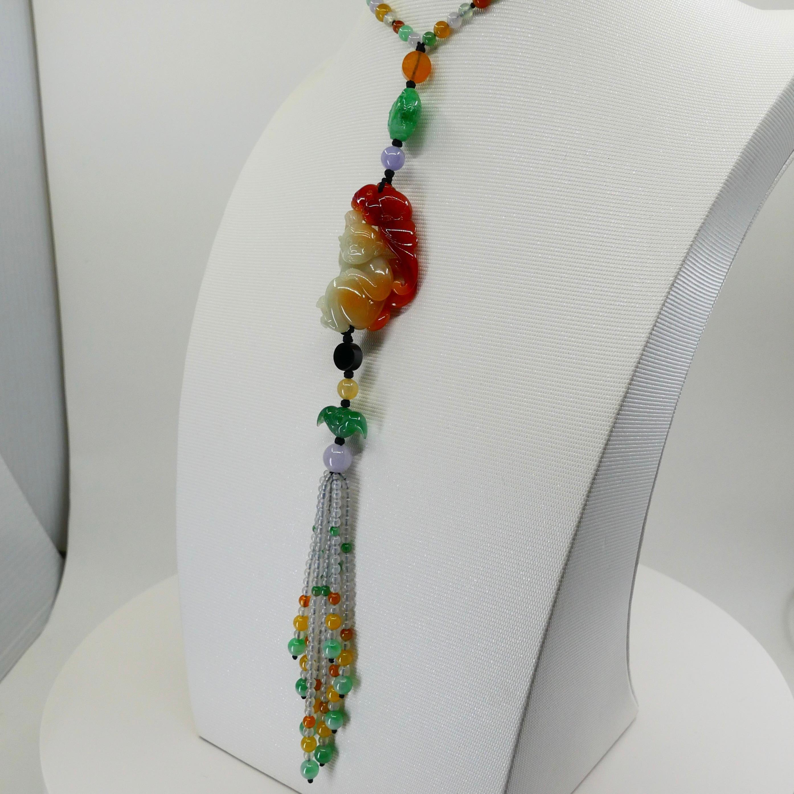 Collana con ciondolo a forma di scimmia con perle di giada multicolore naturale certificata, brilla in vendita 4