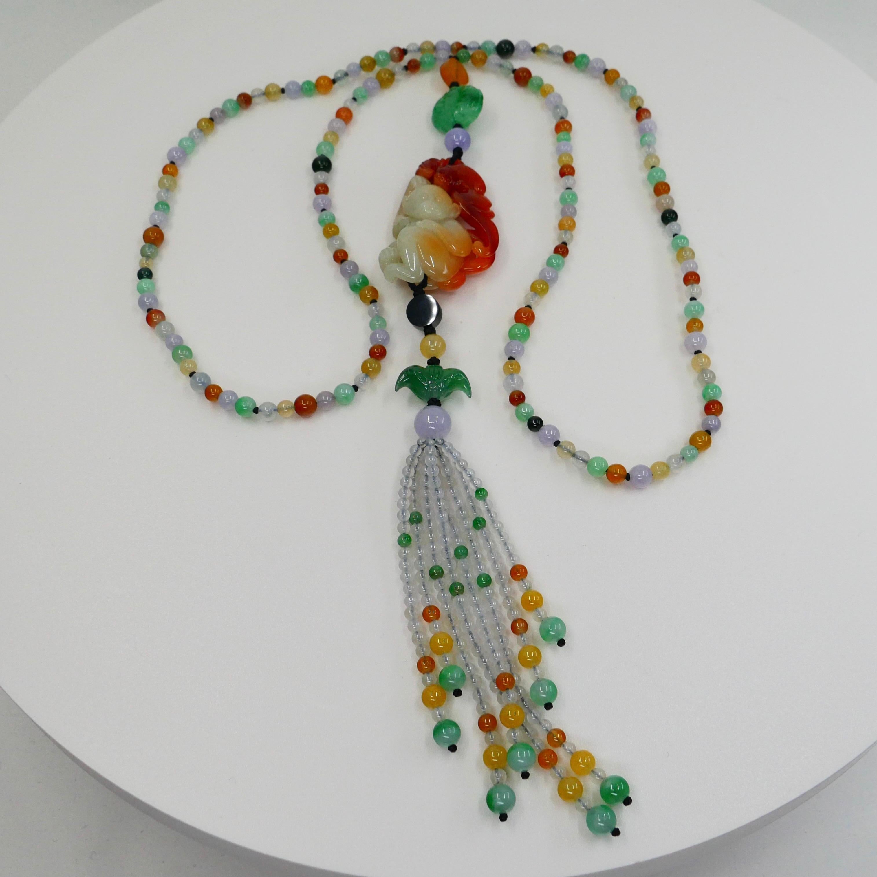 Collana con ciondolo a forma di scimmia con perle di giada multicolore naturale certificata, brilla in vendita 6