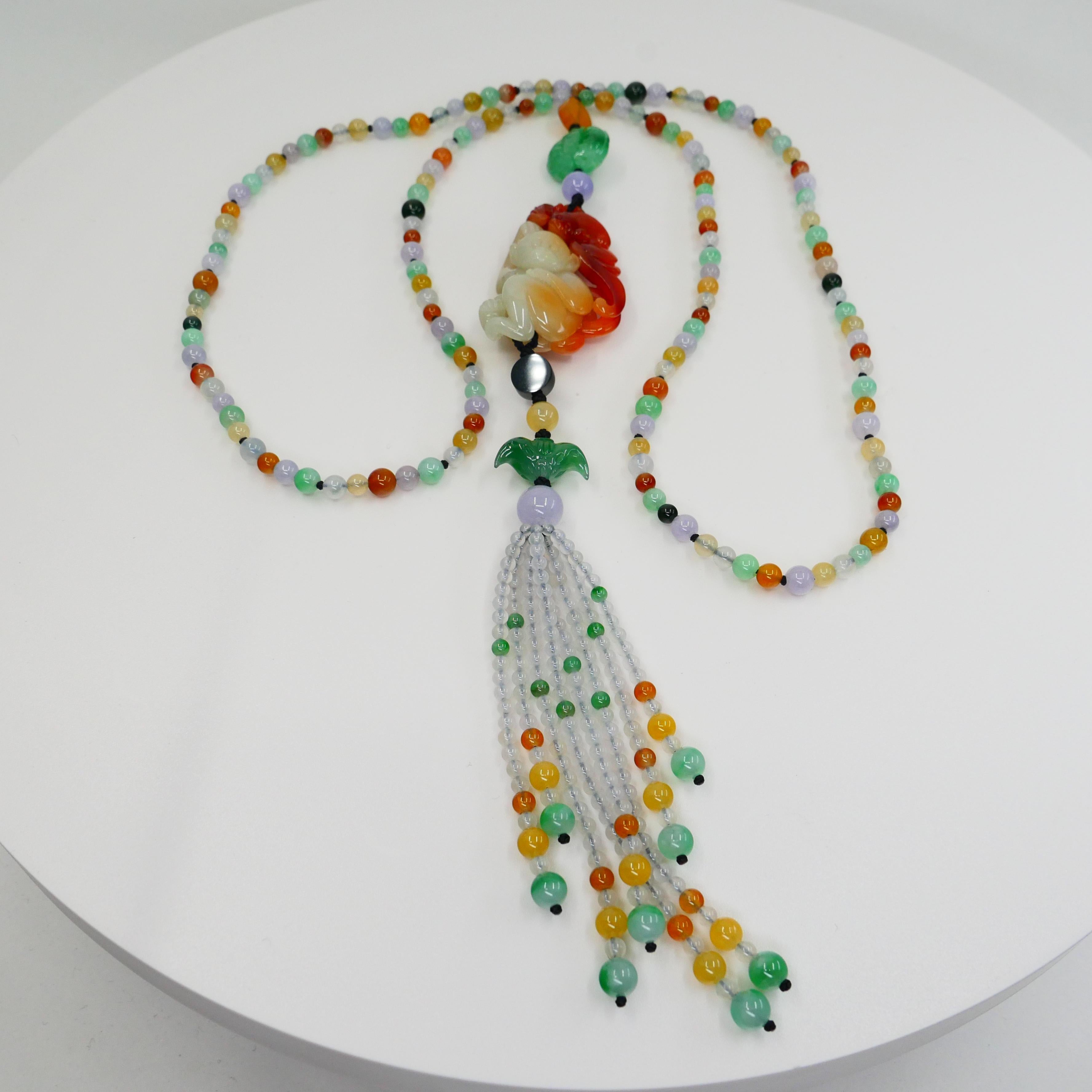Collana con ciondolo a forma di scimmia con perle di giada multicolore naturale certificata, brilla in vendita 8