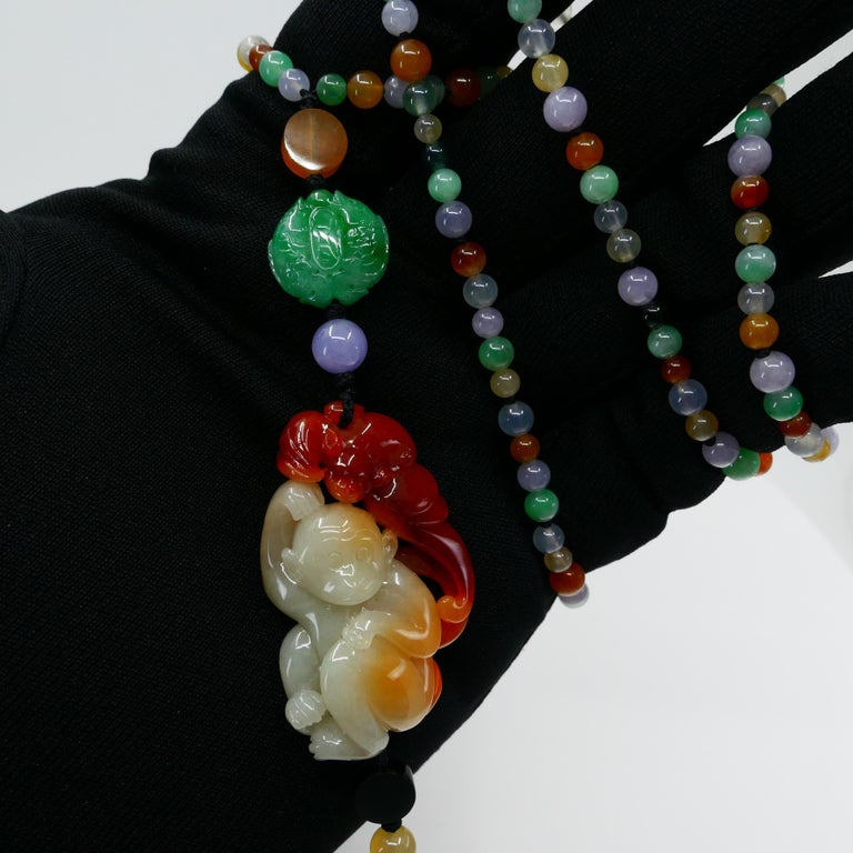 Certified Natural MultiColored Jadeite Jade Bead Monkey Pendant