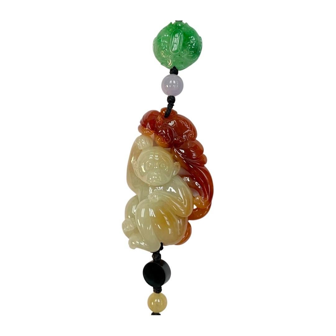 Certified Natural Multi-Colored Jadeite Jade Bead Monkey Pendant Necklace, Glows For Sale 12