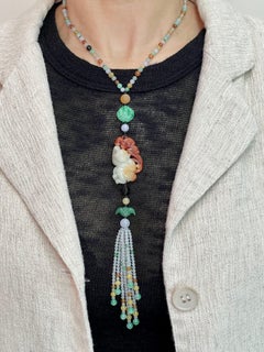 Certified Natural Multi-Colored Jadeite Jade Bead Monkey Pendant Necklace, Glows