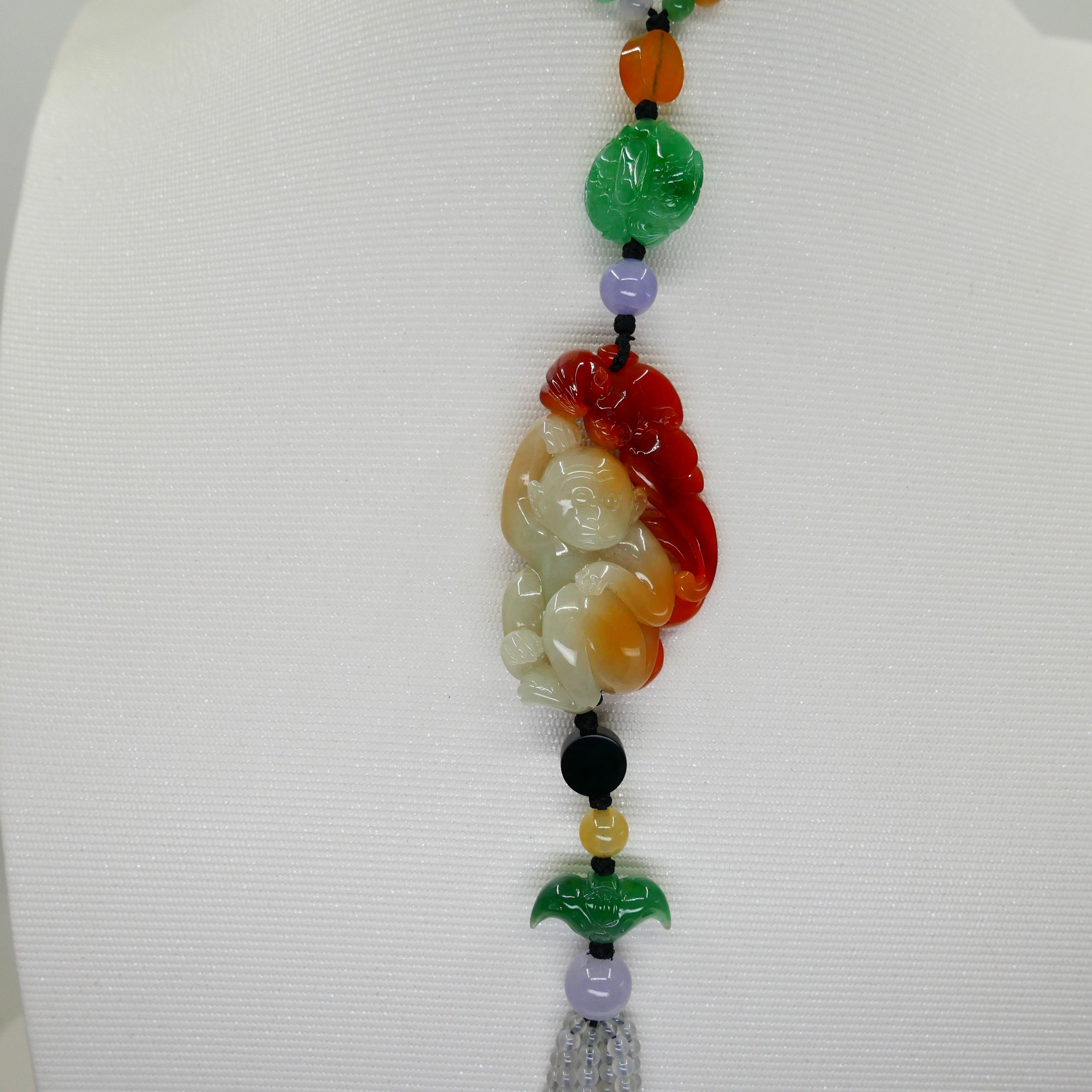 Perlina Collana con ciondolo a forma di scimmia con perle di giada multicolore naturale certificata, brilla in vendita