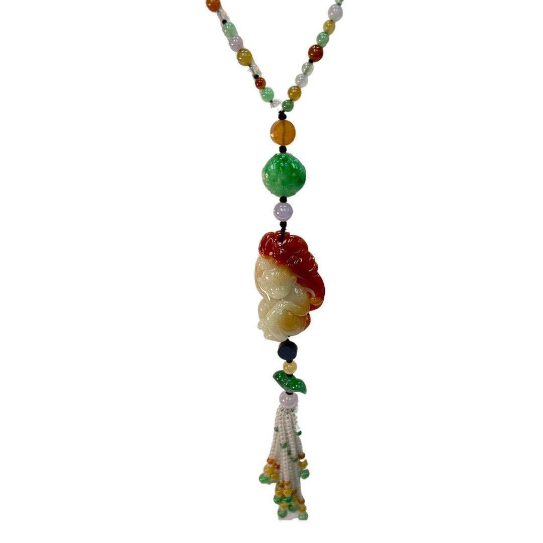 Certified Natural Multi-Colored Jadeite Jade Bead Monkey Pendant Necklace, Glows For Sale 1