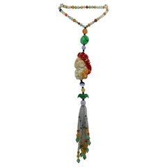 Certified Natural Multi-Colored Jadeite Jade Bead Monkey Pendant Necklace, Glows