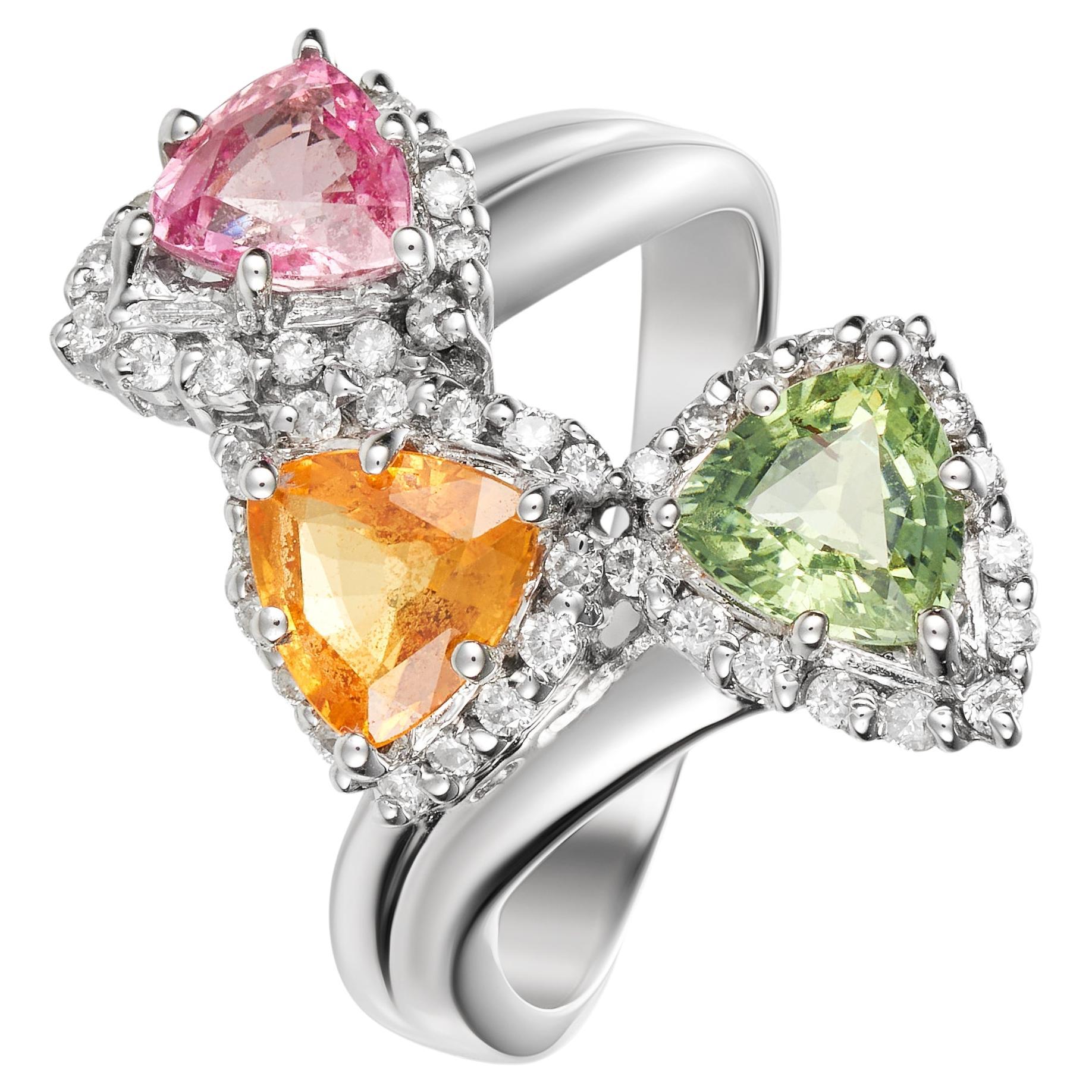 Gemstones:  Natural Pink, Green and Orange Sapphire
Weight of Sapphires : 2.66 carats
Conflict free natural diamonds. 
Metal: Platinum
Certificate: Gem Grading System Japan 

The purchase of this ring will be accompanied with a formal and