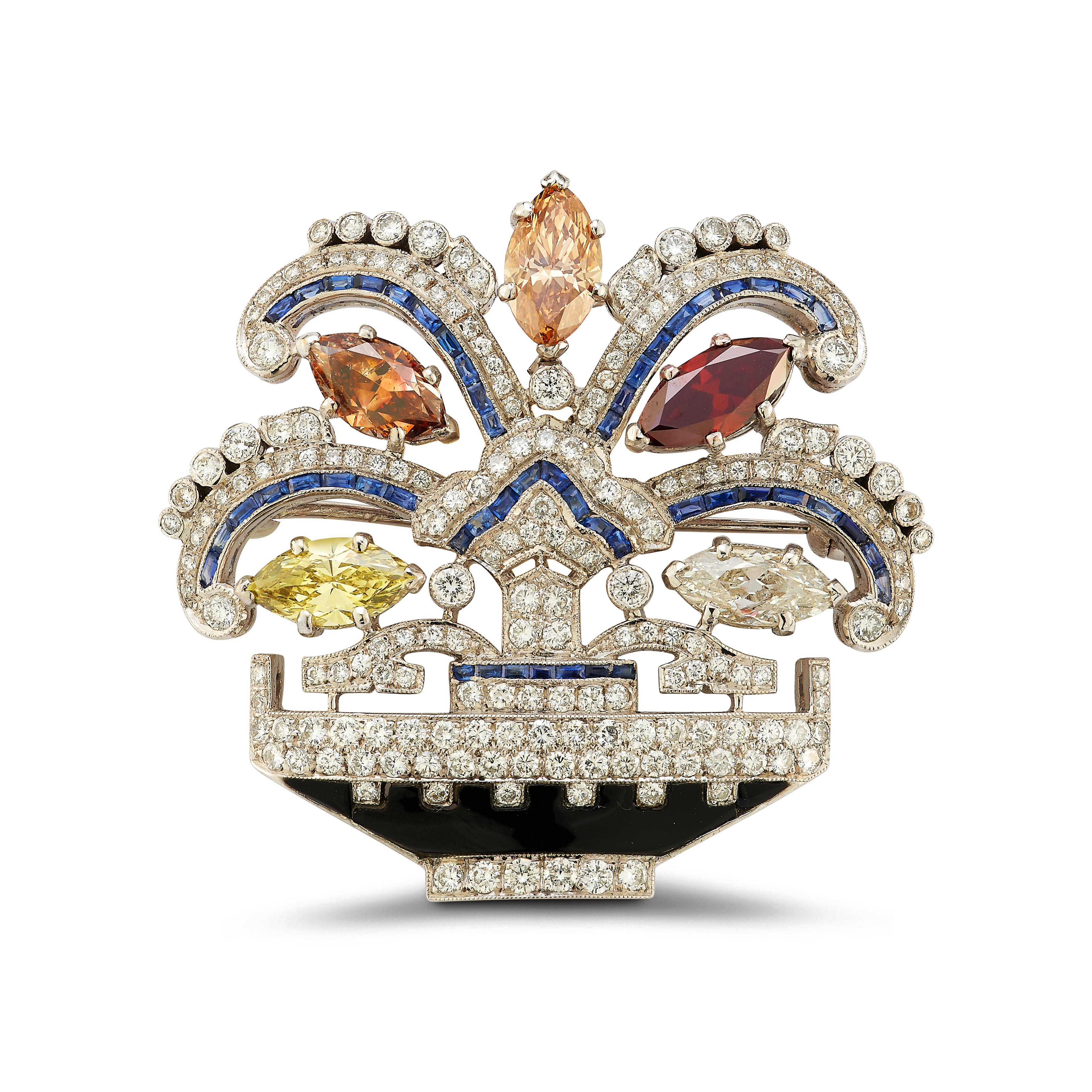 Certified Natural Multicolor Fancy Diamond Brooch

An 18 karat white gold brooch set with 5 multi color marquise cut diamonds each weighing approximately 1 carat, 182 round cut diamonds weighing approximately 3.64 carats, 51 baguette cut sapphires