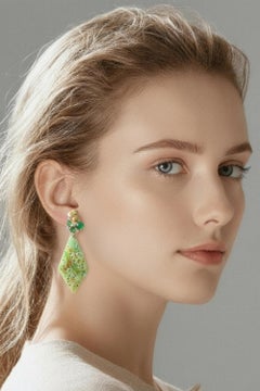 Certified Natural Myanmar Vivid Bicolor Green and Yellow Jade 18K Gold Earring