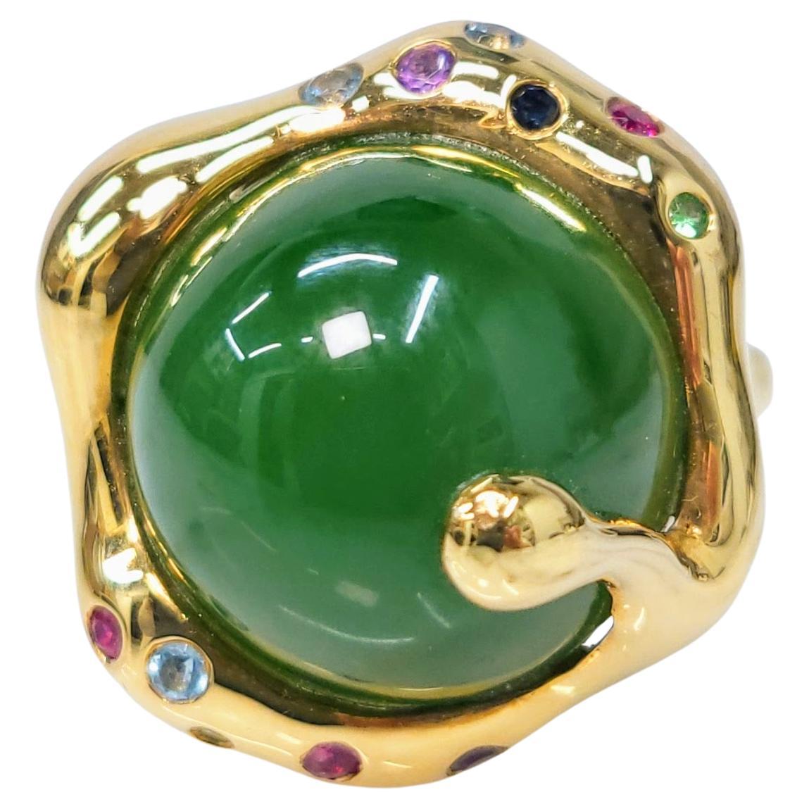 Certified Natural Nephrite Jade and gemstones Ring in 18K Yellow Gold