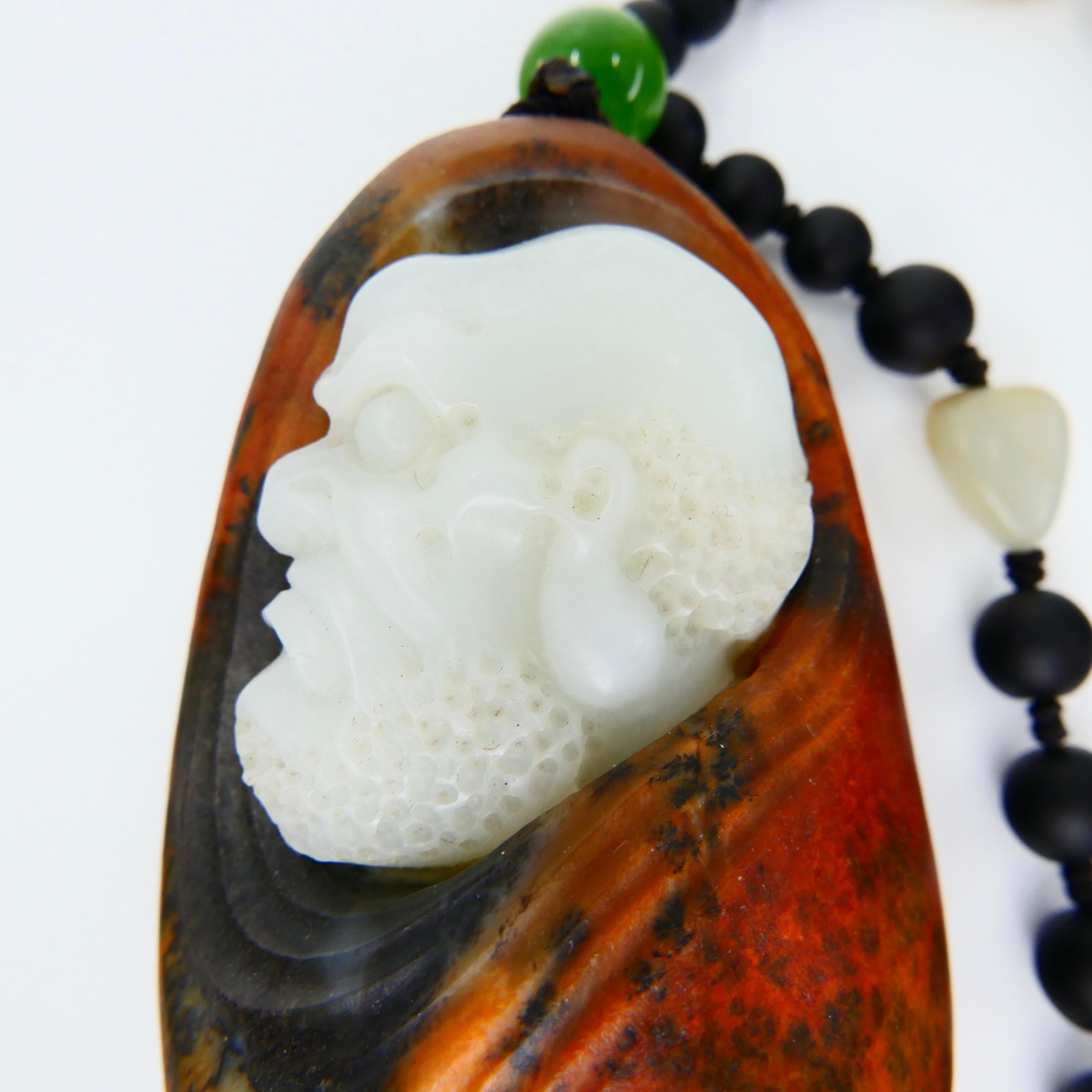 Taille grossière Sculpture de jade néphrite naturelle certifiée, véritable jade gras Mutton, Bodhidharma, 達摩 en vente