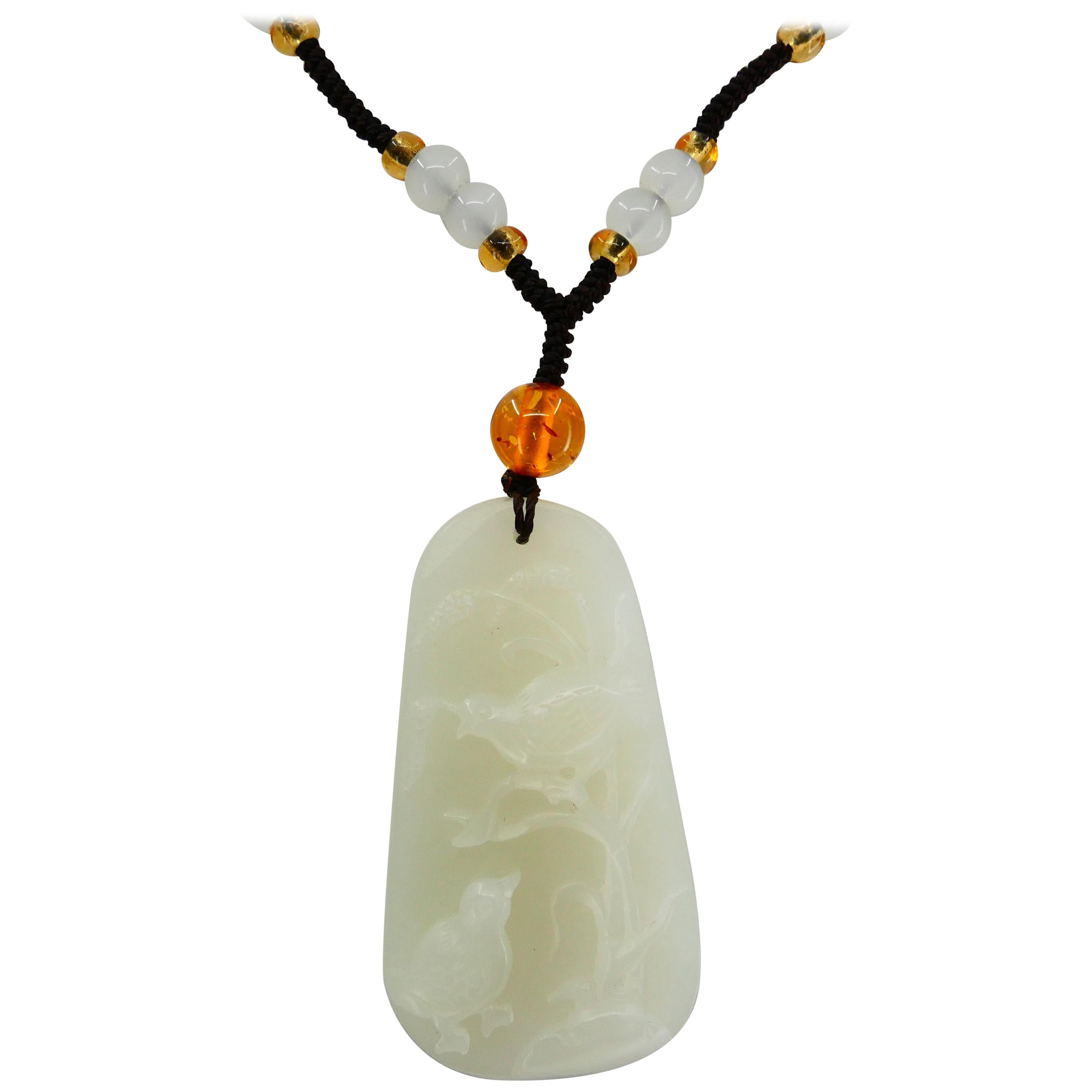 Natural Hetian White Jade Gold Necklace Retro Christmas Sale Jewelry gifts.