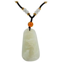 Certified Natural Nephrite White Hetian Jade Necklace, Birds and Nature Motif