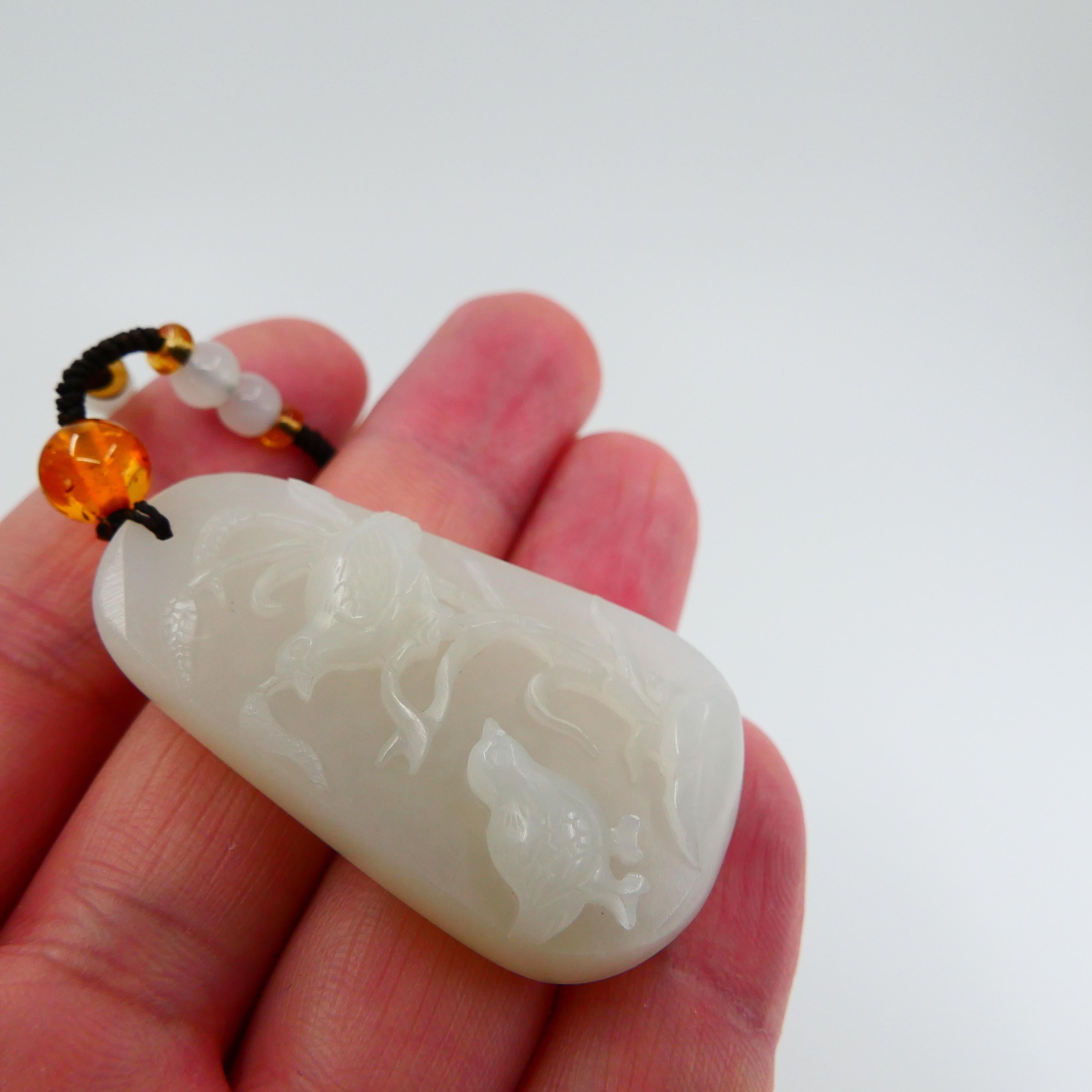Contemporary Certified Natural Nephrite White Hetian Jade Necklace, Birds and Nature Motif For Sale