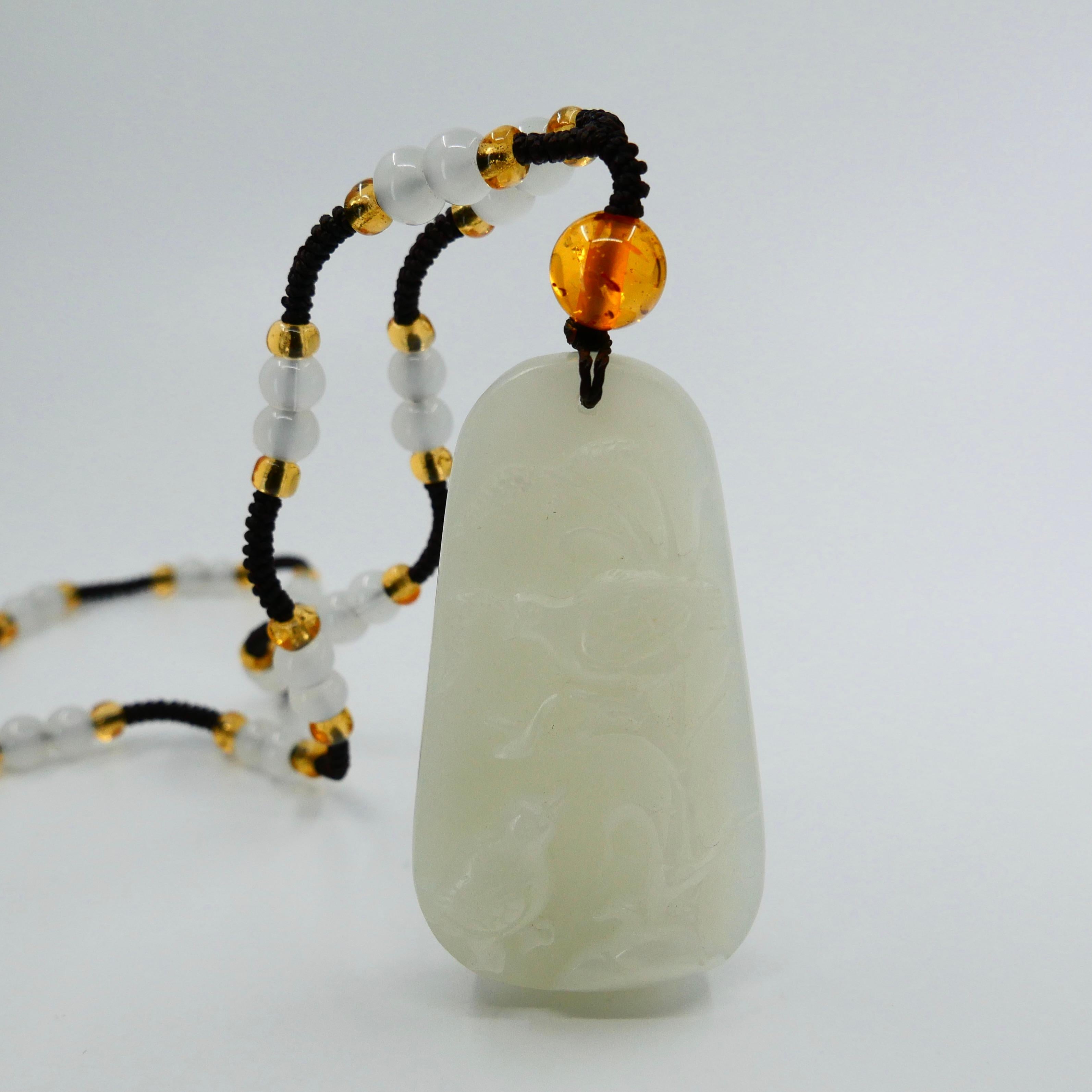 Certified Natural Nephrite White Hetian Jade Necklace, Birds and Nature Motif In New Condition For Sale In Hong Kong, HK