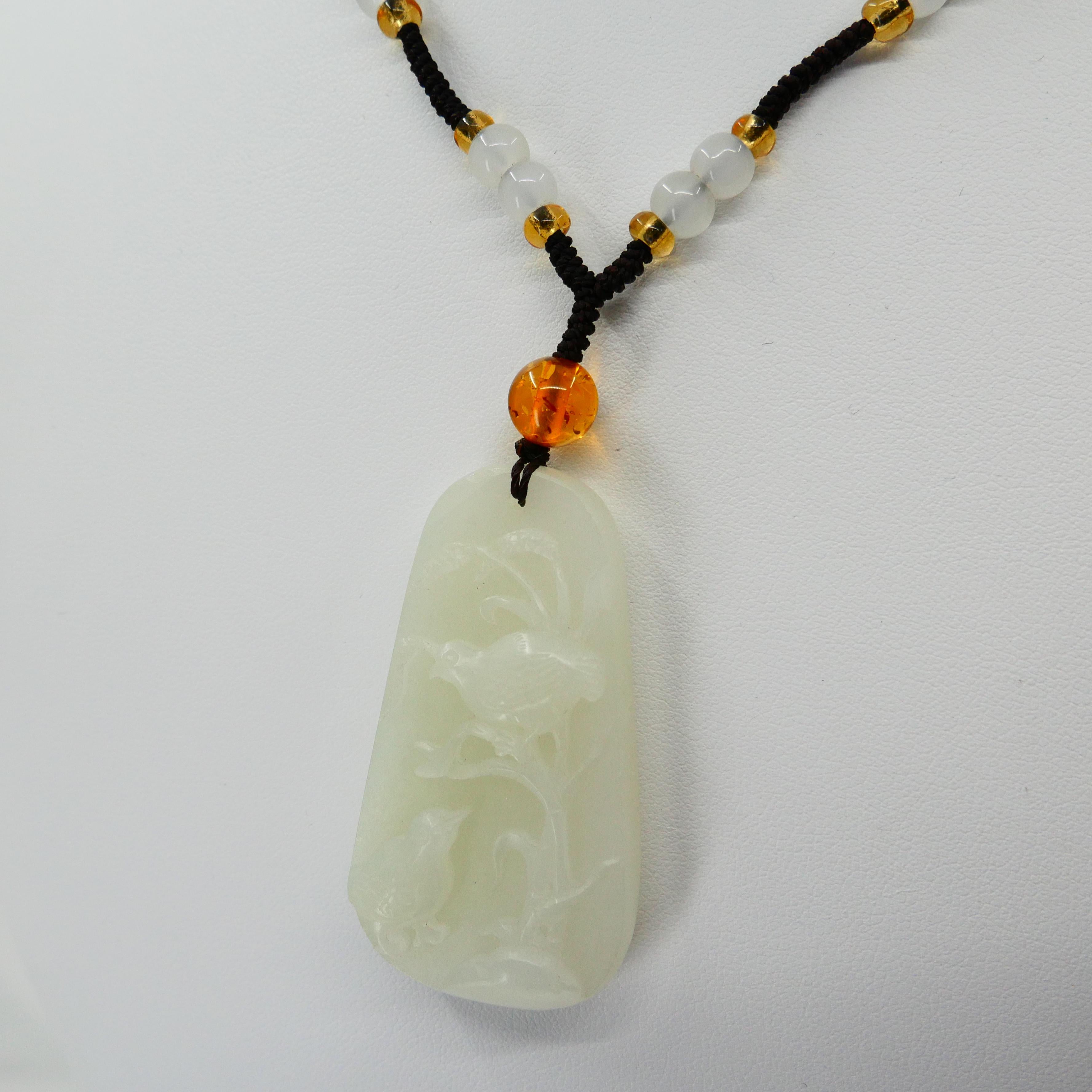 Women's or Men's Certified Natural Nephrite White Hetian Jade Necklace, Birds and Nature Motif For Sale