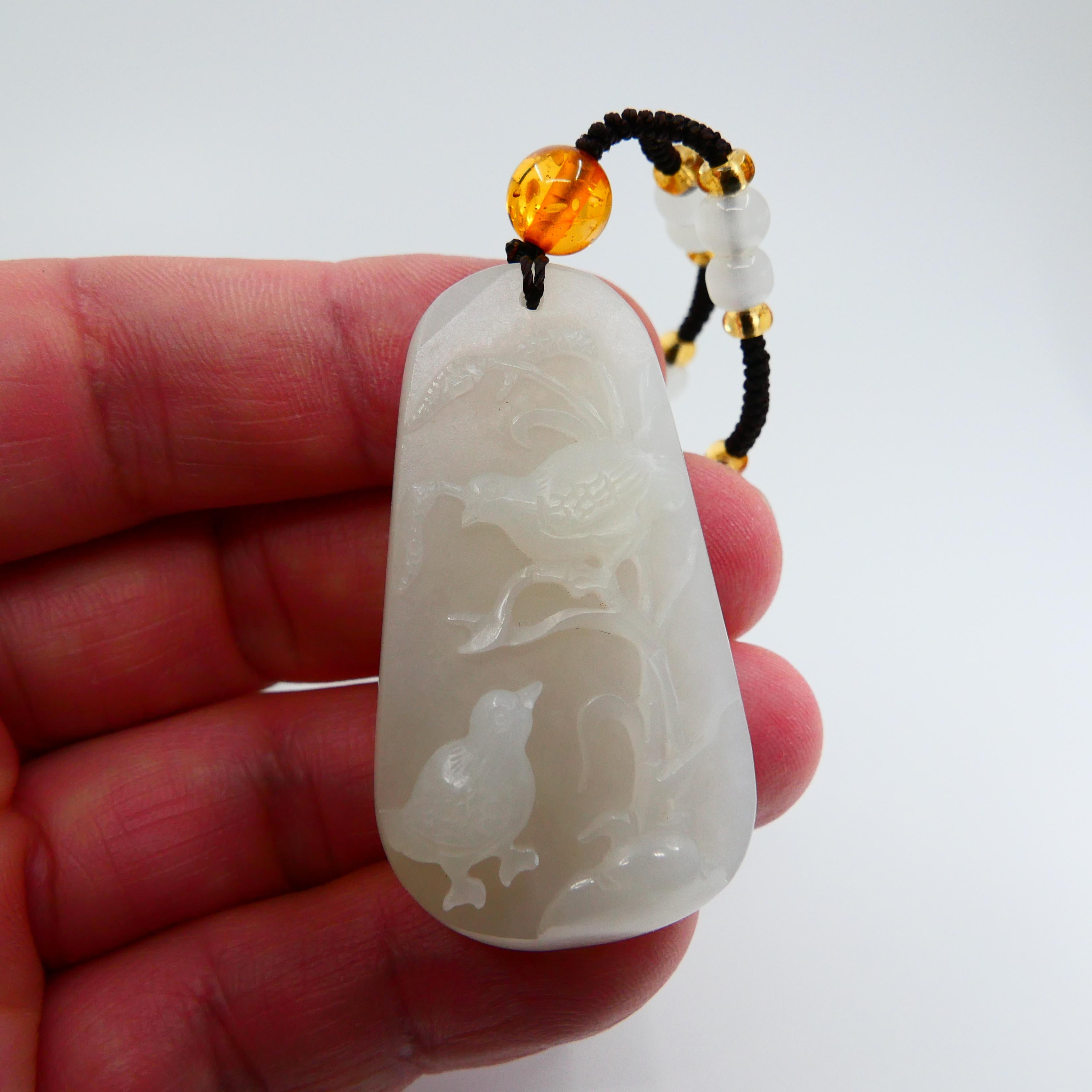 Certified Natural Nephrite White Hetian Jade Necklace, Birds and Nature Motif For Sale 1