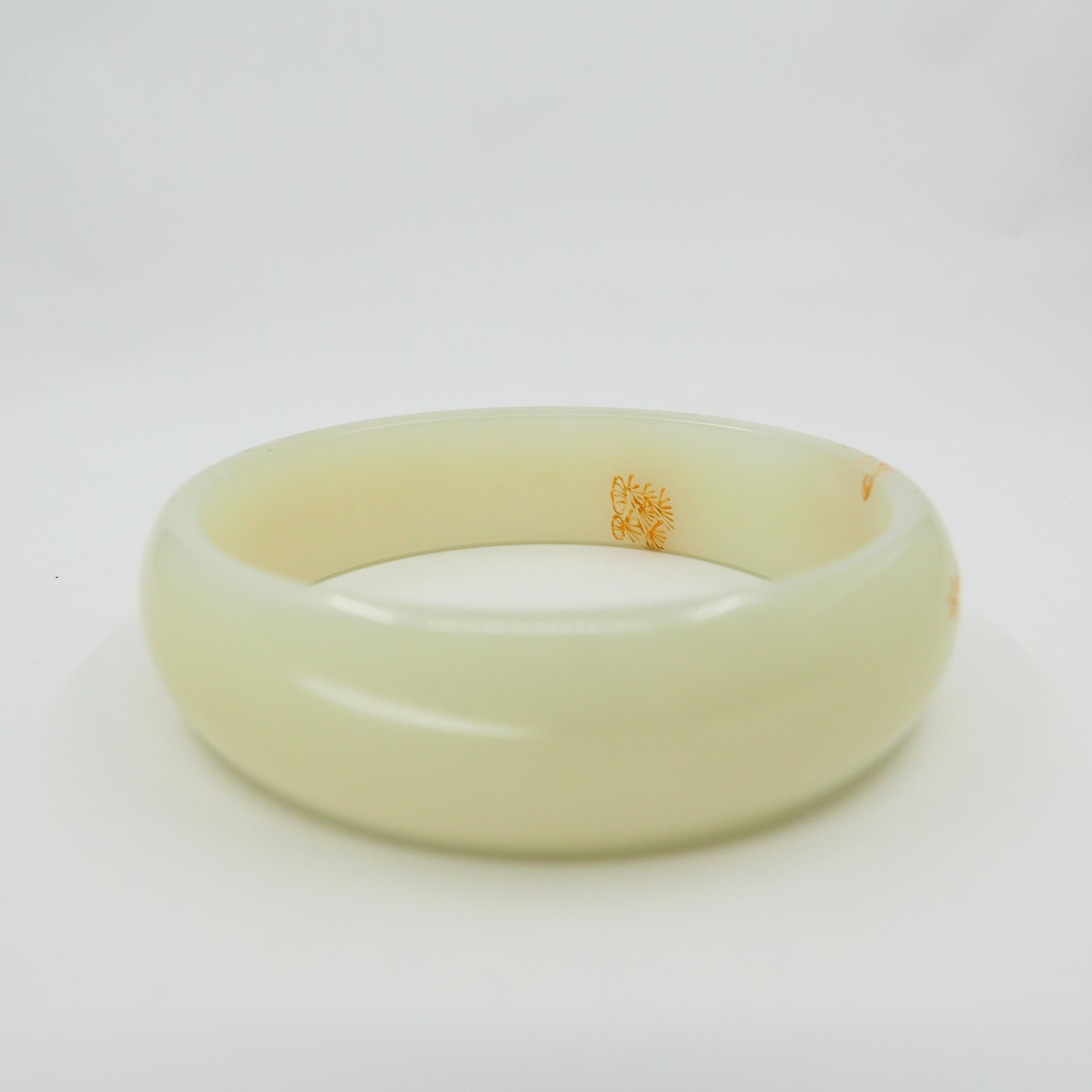 Certified Natural Nephrite White Jade Bangle Floral Gold Inlay, Flower Motif 3