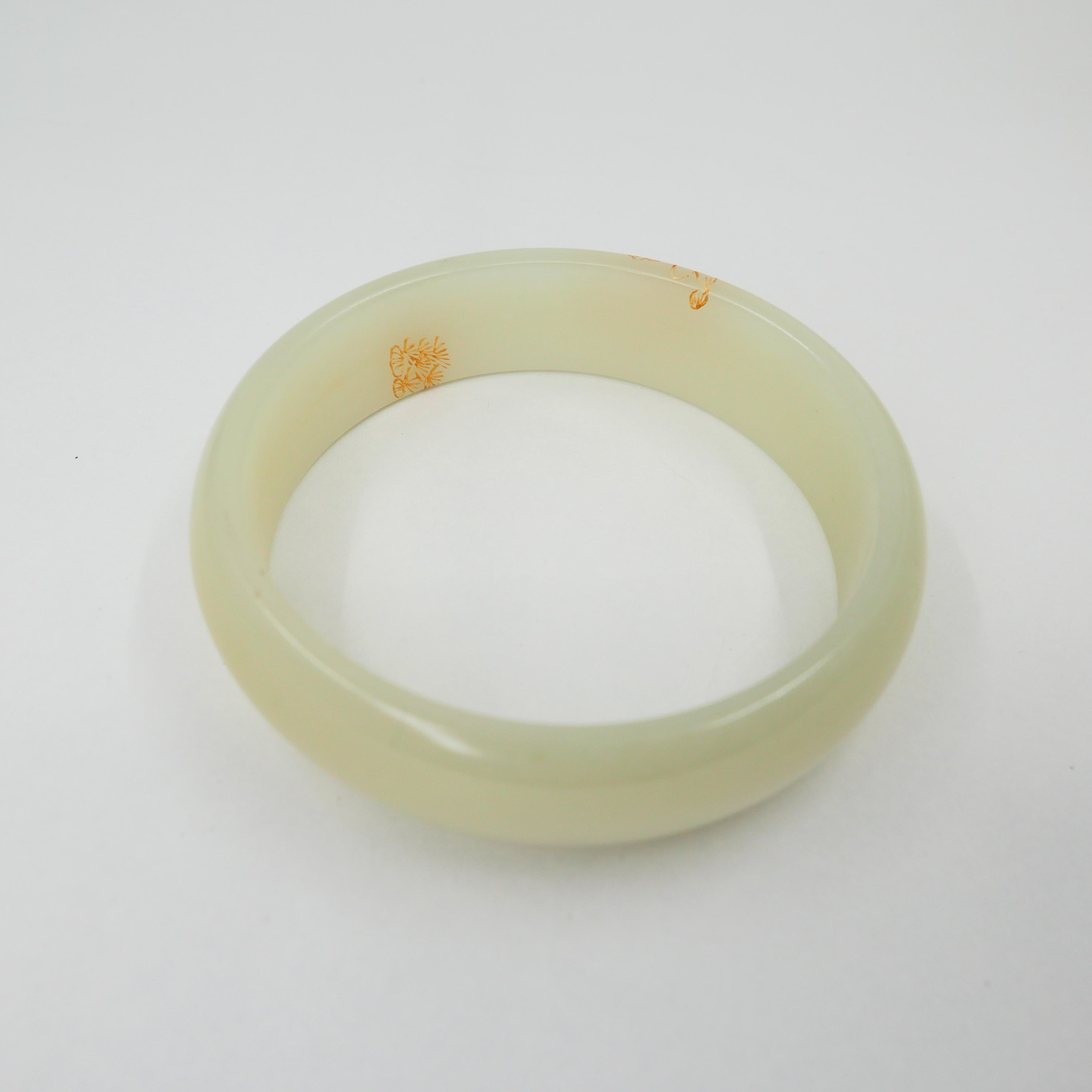 Certified Natural Nephrite White Jade Bangle Floral Gold Inlay, Flower Motif 4