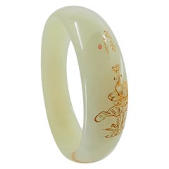 Certified Natural Nephrite White Jade Bangle Floral Gold Inlay, Flower Motif
