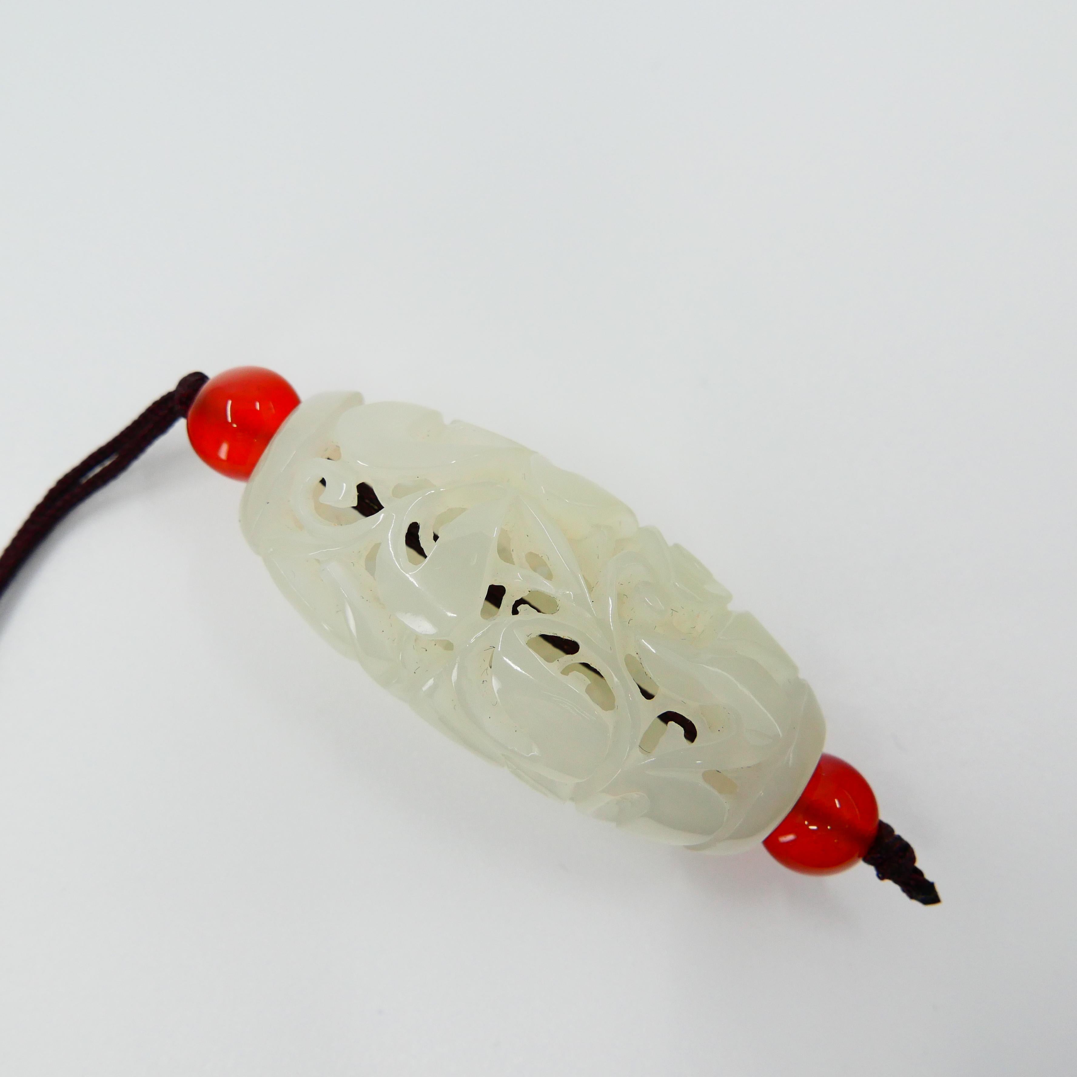 Contemporary Certified Natural Nephrite White Jade Pendant, Detailed Carving Well Hollowed For Sale