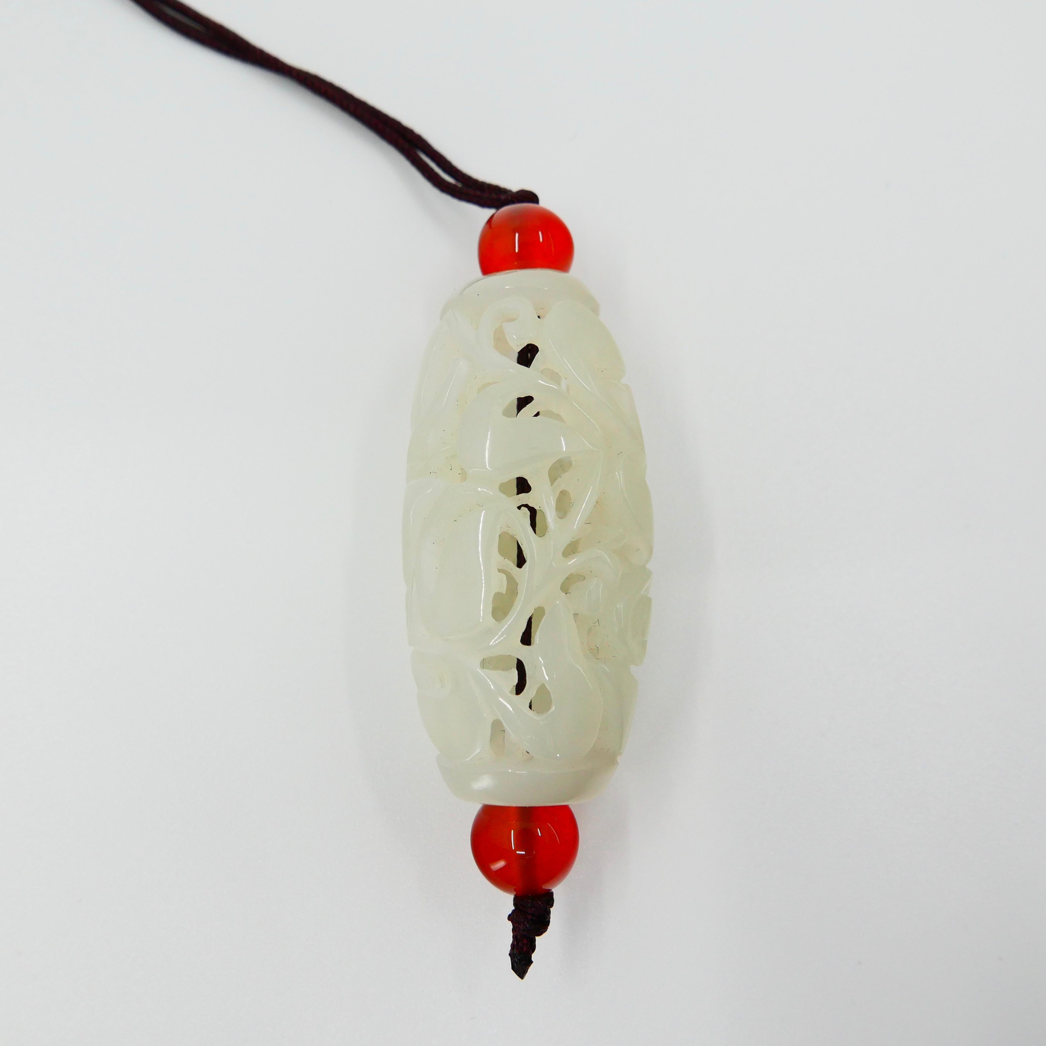Rough Cut Certified Natural Nephrite White Jade Pendant, Detailed Carving Well Hollowed For Sale