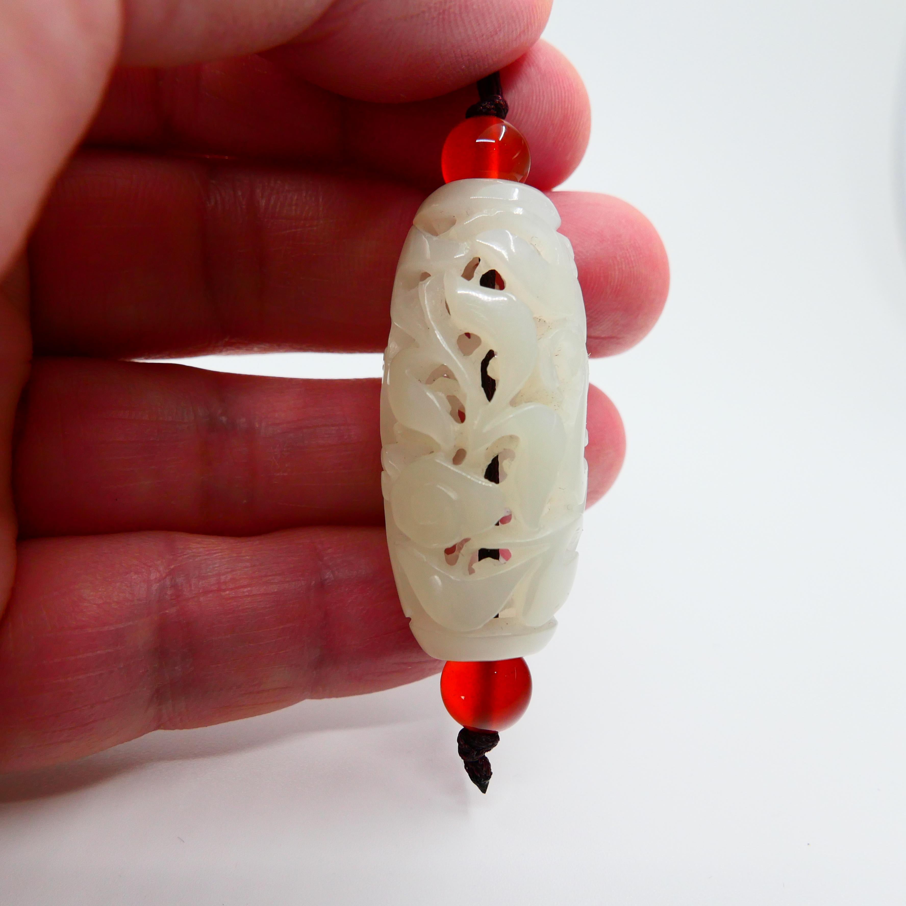 Certified Natural Nephrite White Jade Pendant, Detailed Carving Well Hollowed In New Condition For Sale In Hong Kong, HK