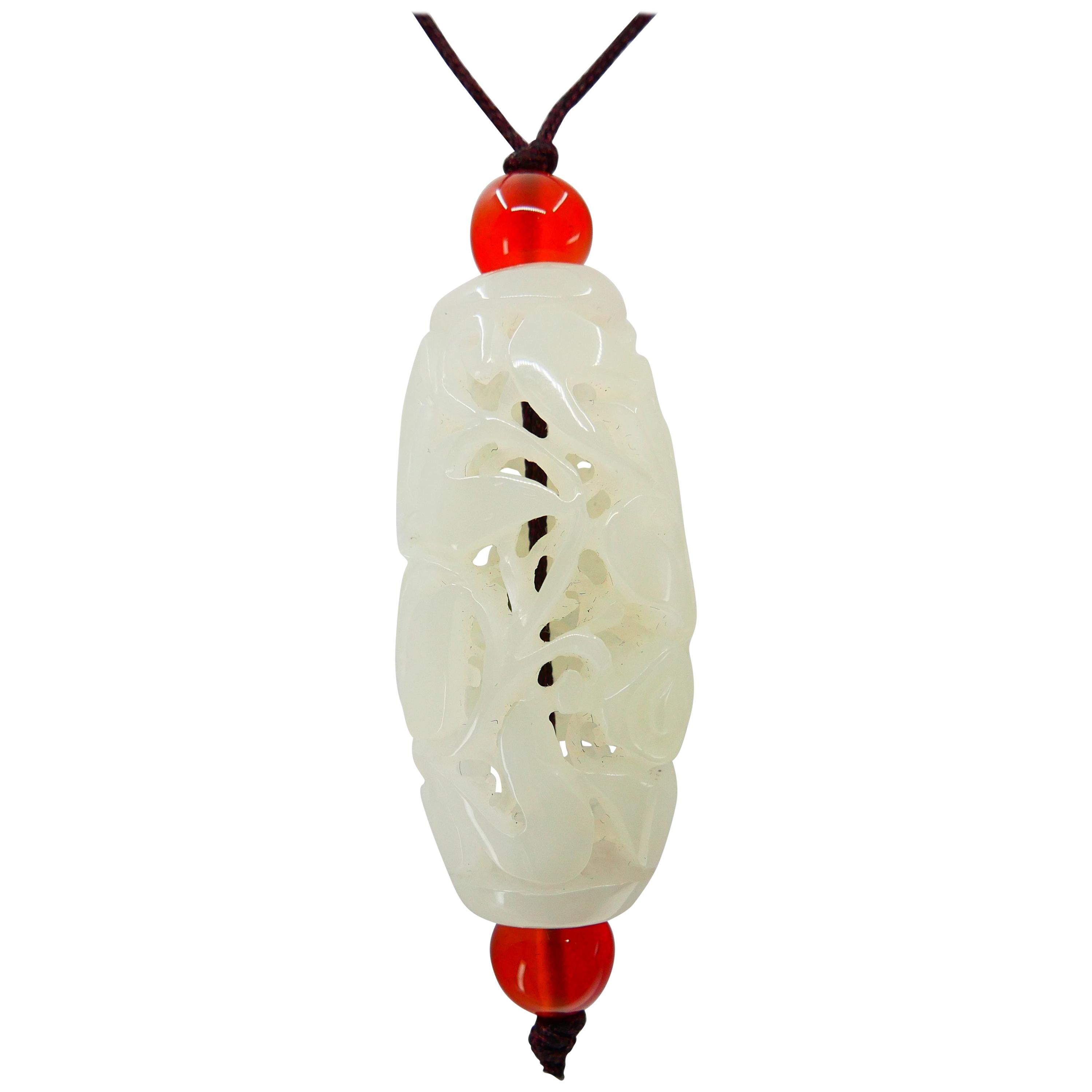 Certified Natural Nephrite White Jade Pendant, Detailed Carving Well Hollowed For Sale