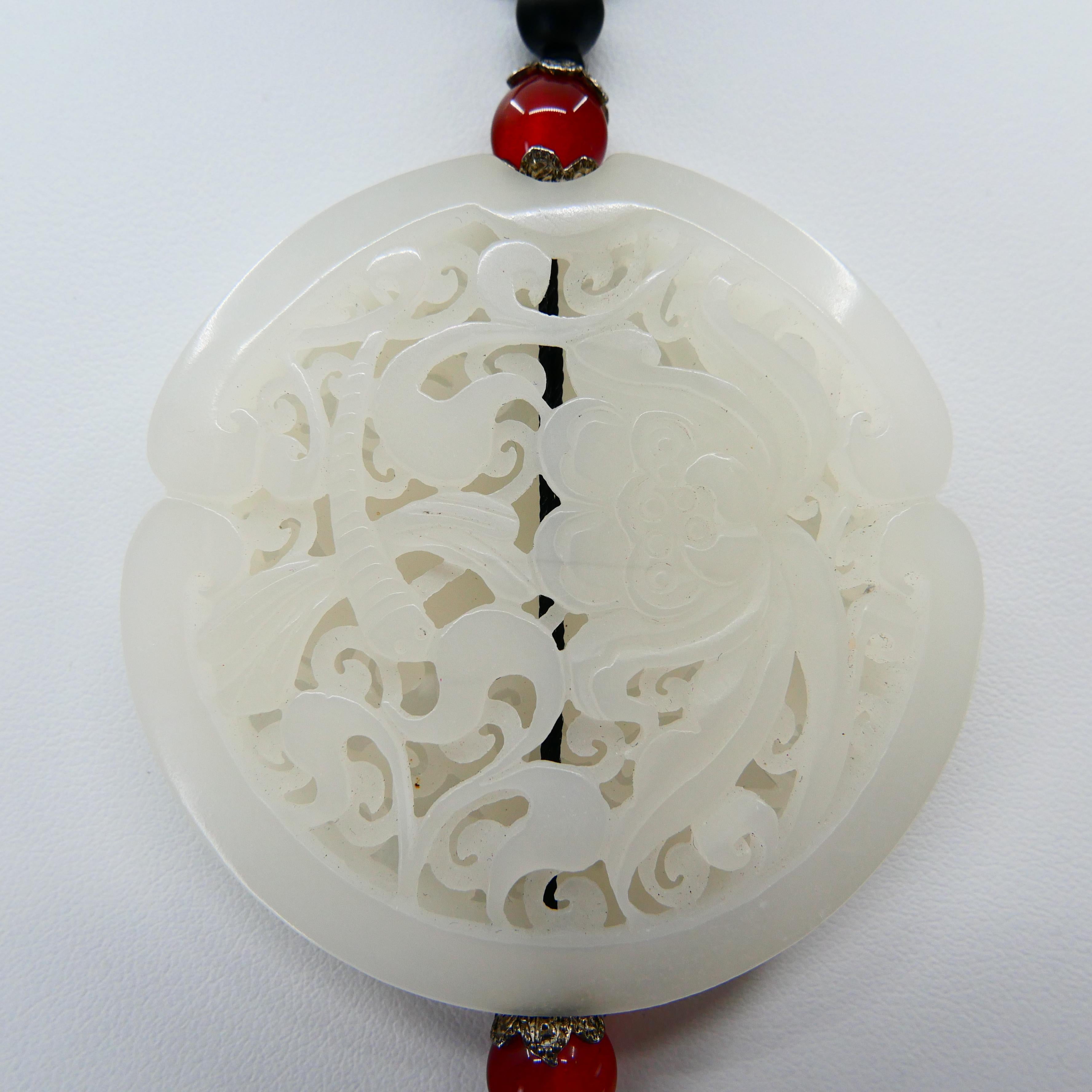 Certified Natural Nephrite White Jade Pendant Necklace, Reversible Well Hollowed For Sale 4