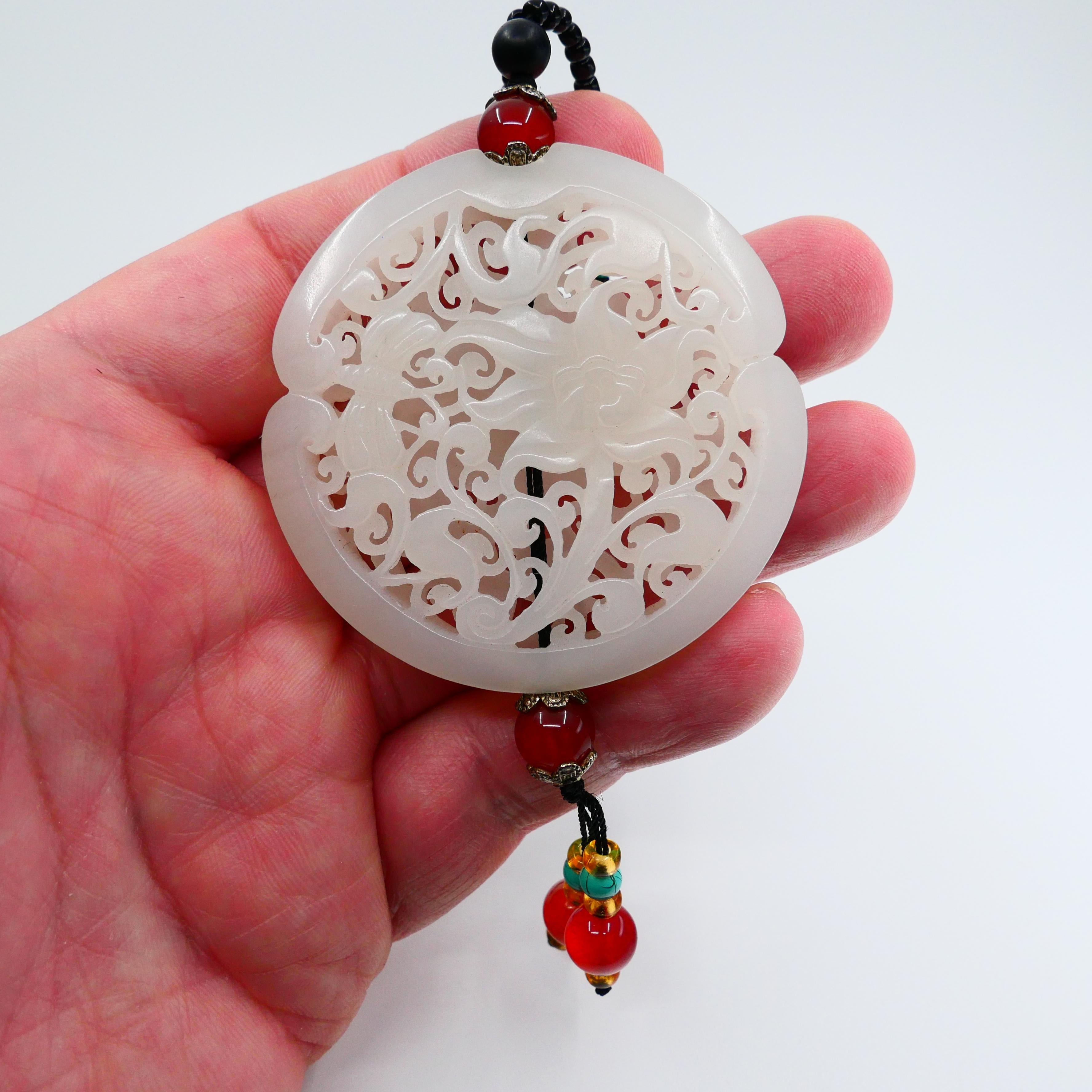 Certified Natural Nephrite White Jade Pendant Necklace, Reversible Well Hollowed For Sale 6