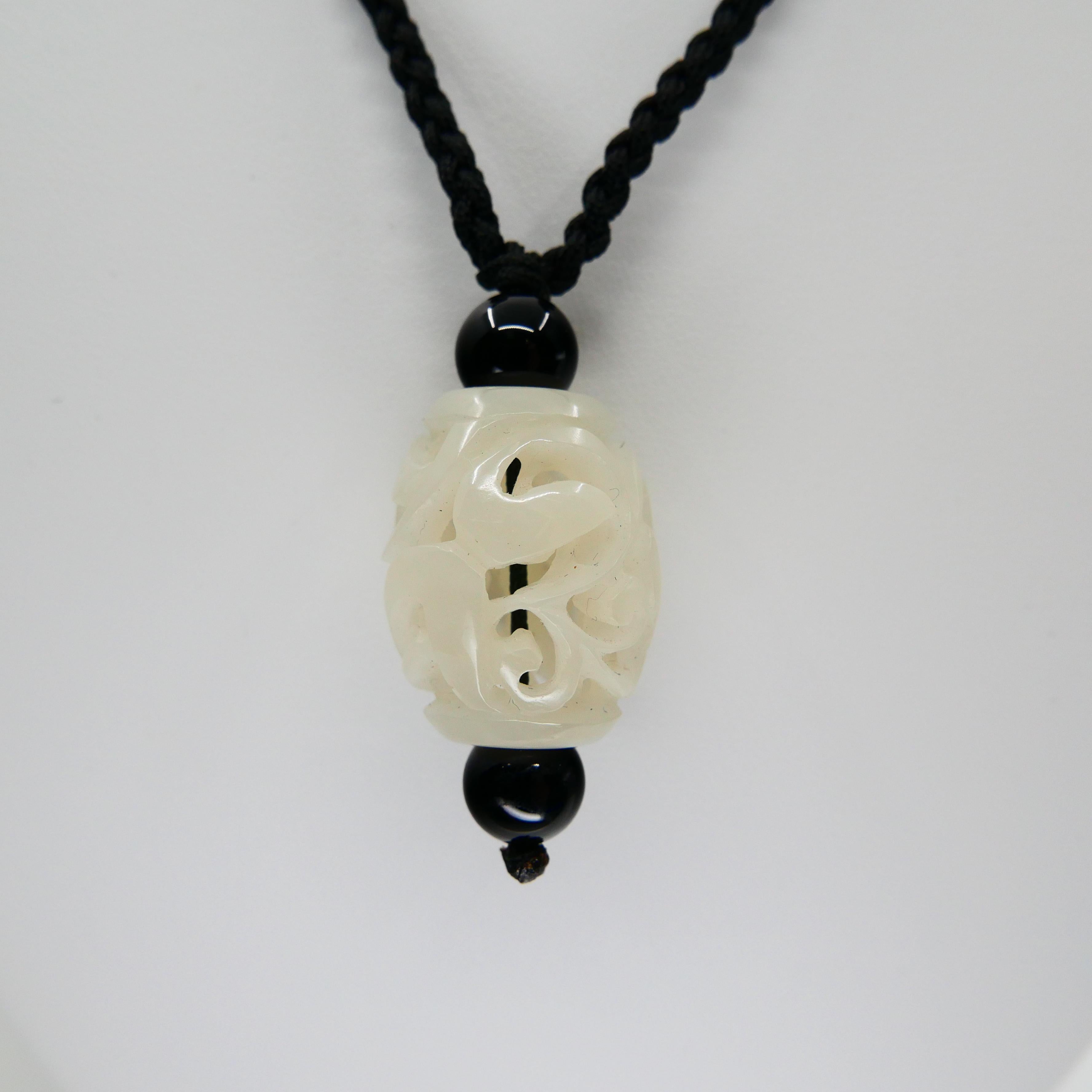 Certified Natural Nephrite White Jade Pendant, Well Hollowed, Detailed Carving For Sale 2