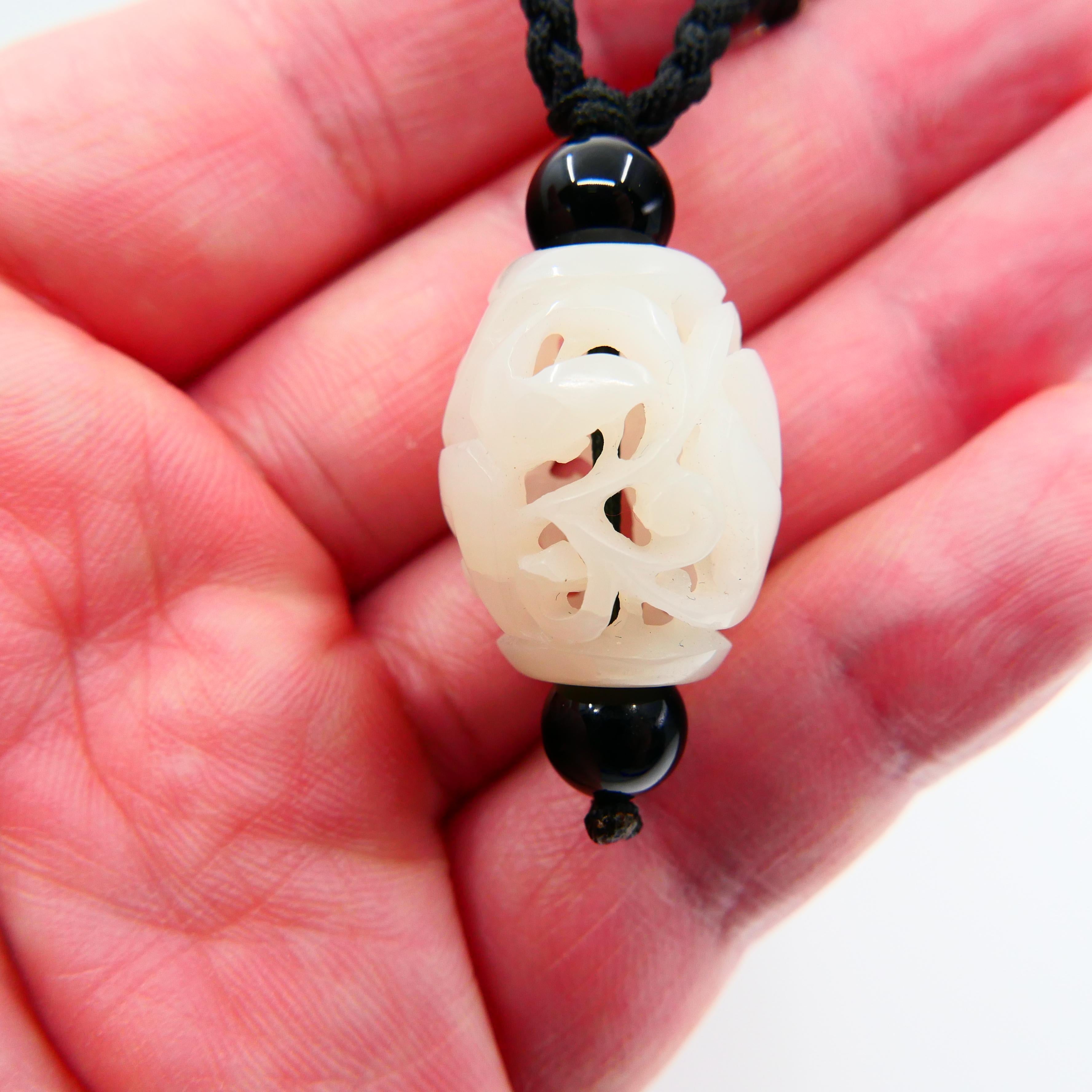 Certified Natural Nephrite White Jade Pendant, Well Hollowed, Detailed Carving For Sale 4