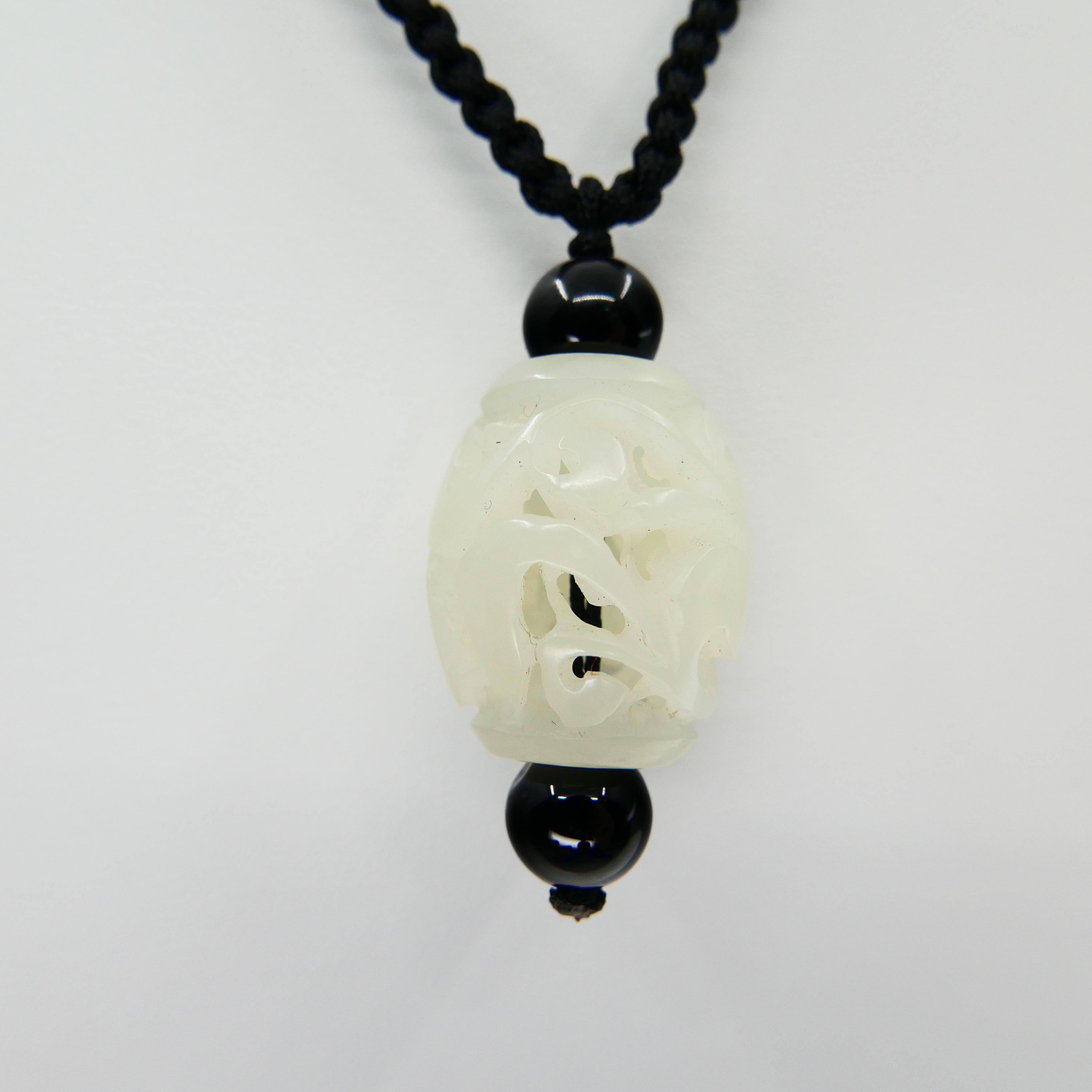 Contemporary Certified Natural Nephrite White Jade Pendant, Well Hollowed, Detailed Carving For Sale