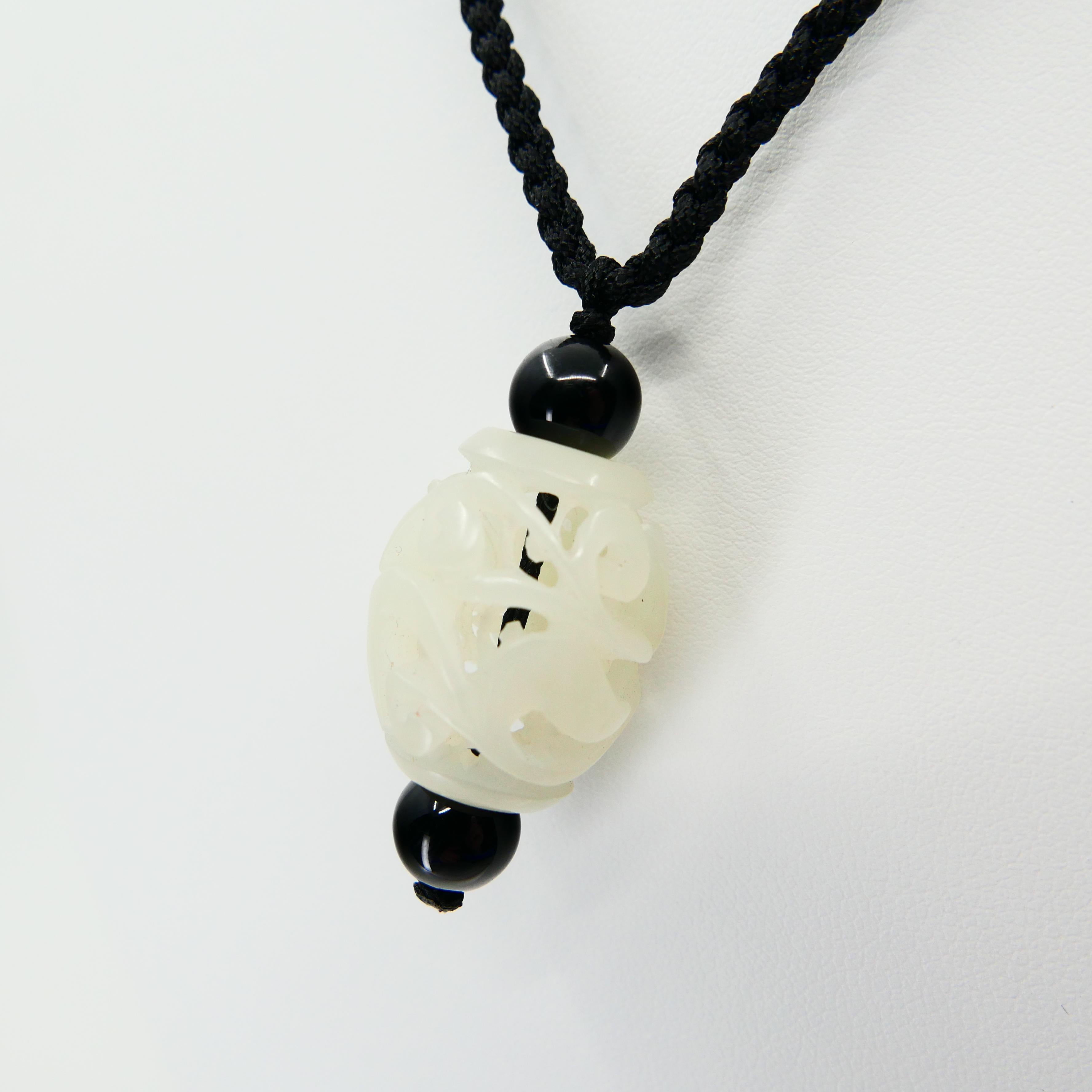 Women's or Men's Certified Natural Nephrite White Jade Pendant, Well Hollowed, Detailed Carving For Sale