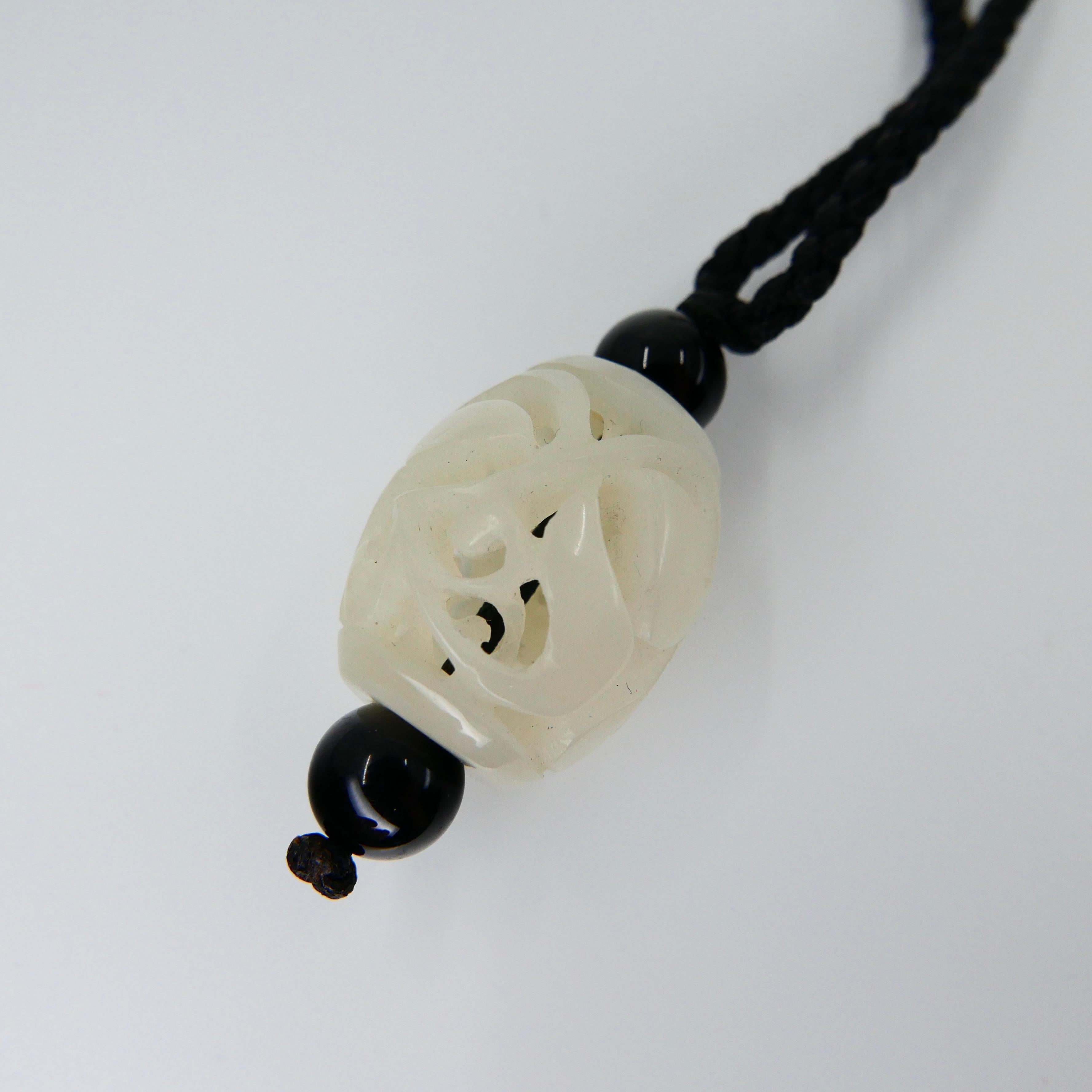 Certified Natural Nephrite White Jade Pendant, Well Hollowed, Detailed Carving For Sale 1