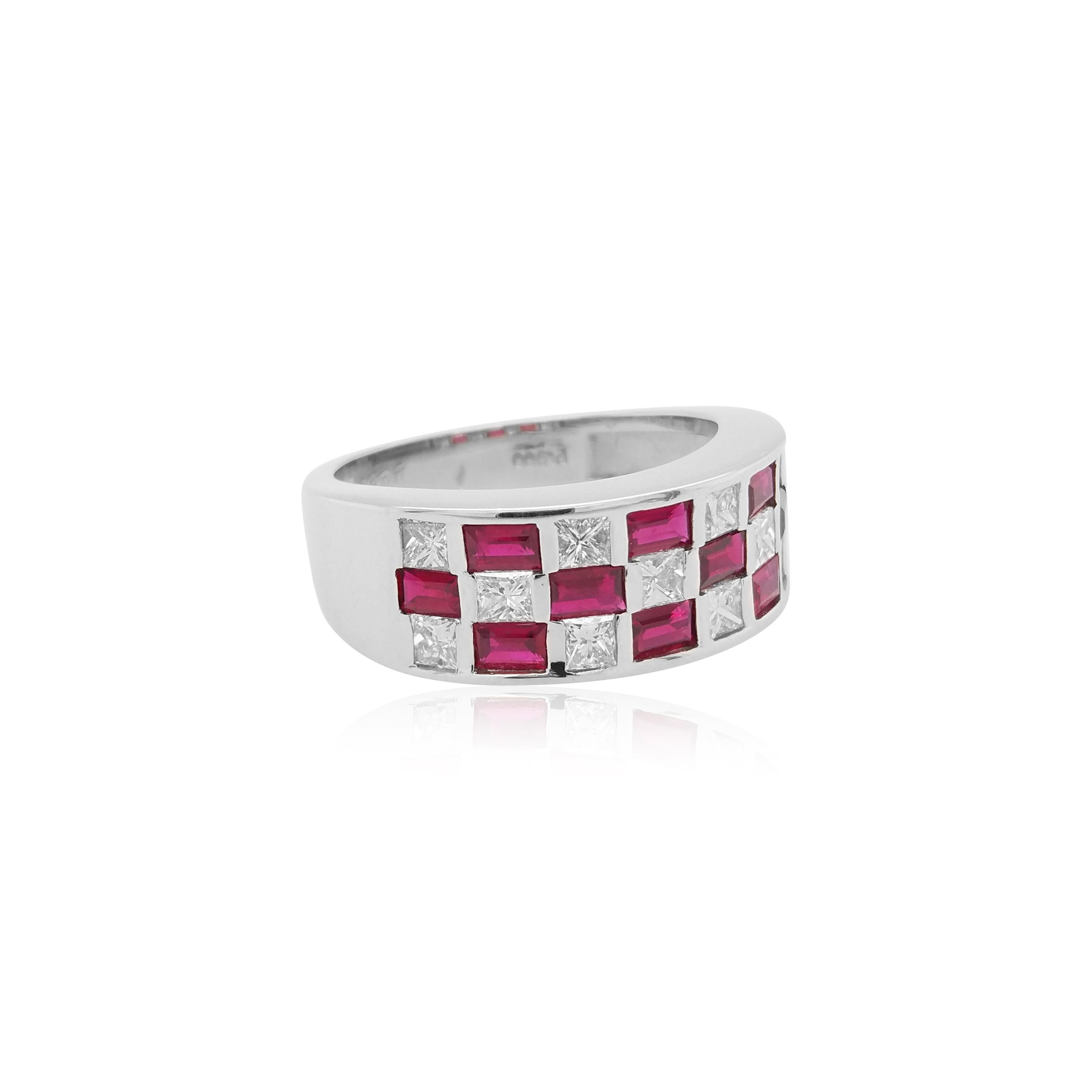 Contemporary Certified Natural No-Heat Treated Ruby White Diamond Platinum Band Ring For Sale