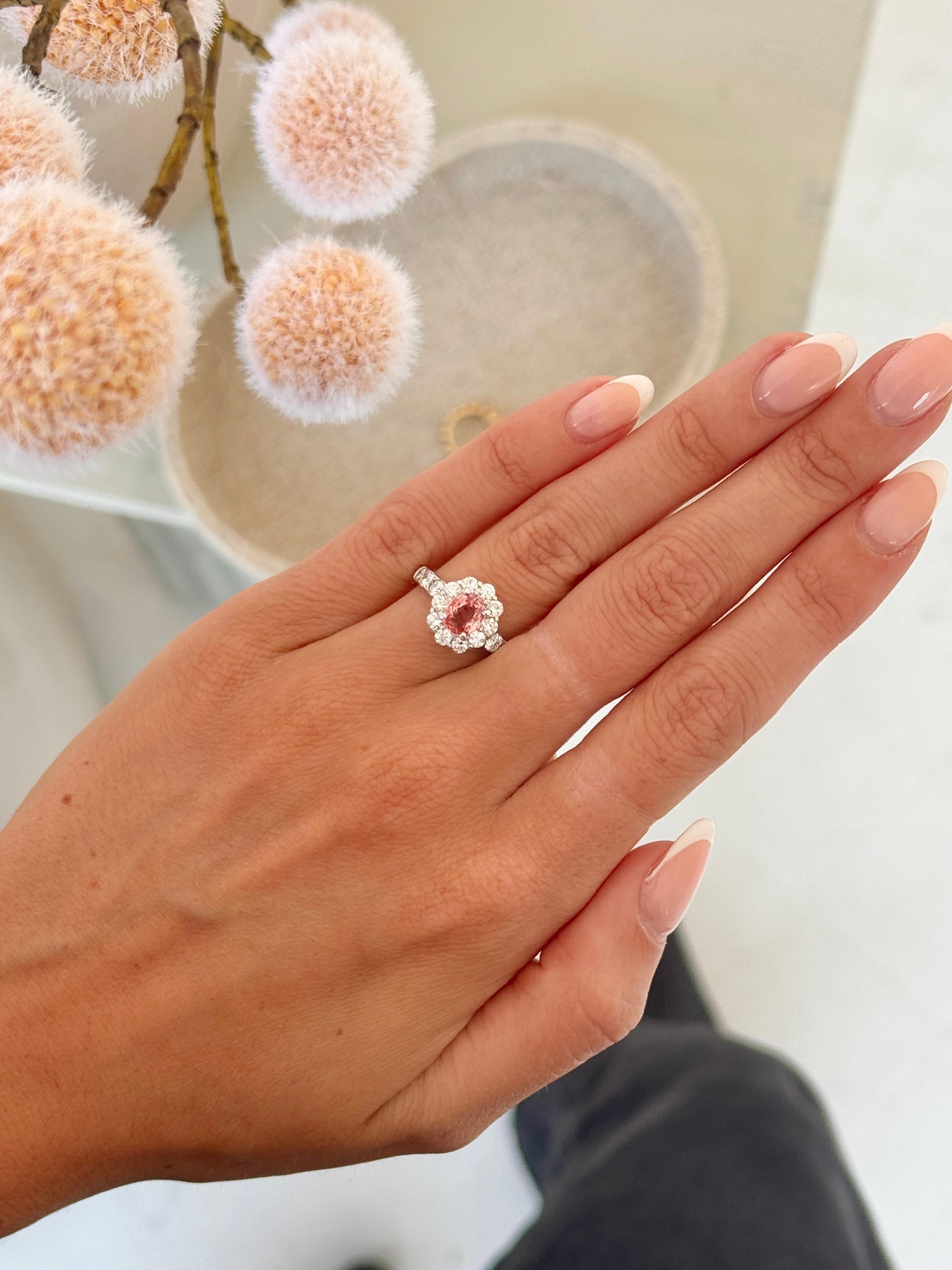 Contemporary Certified Natural Padparadscha Sapphire Diamond Ring - Rare For Sale