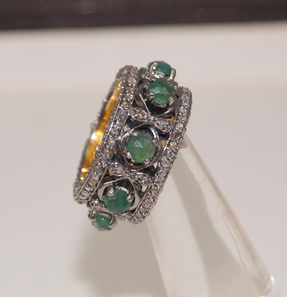Edwardian Certified Natural pave diamond emerald 925 silver gold plated eternity band ring For Sale