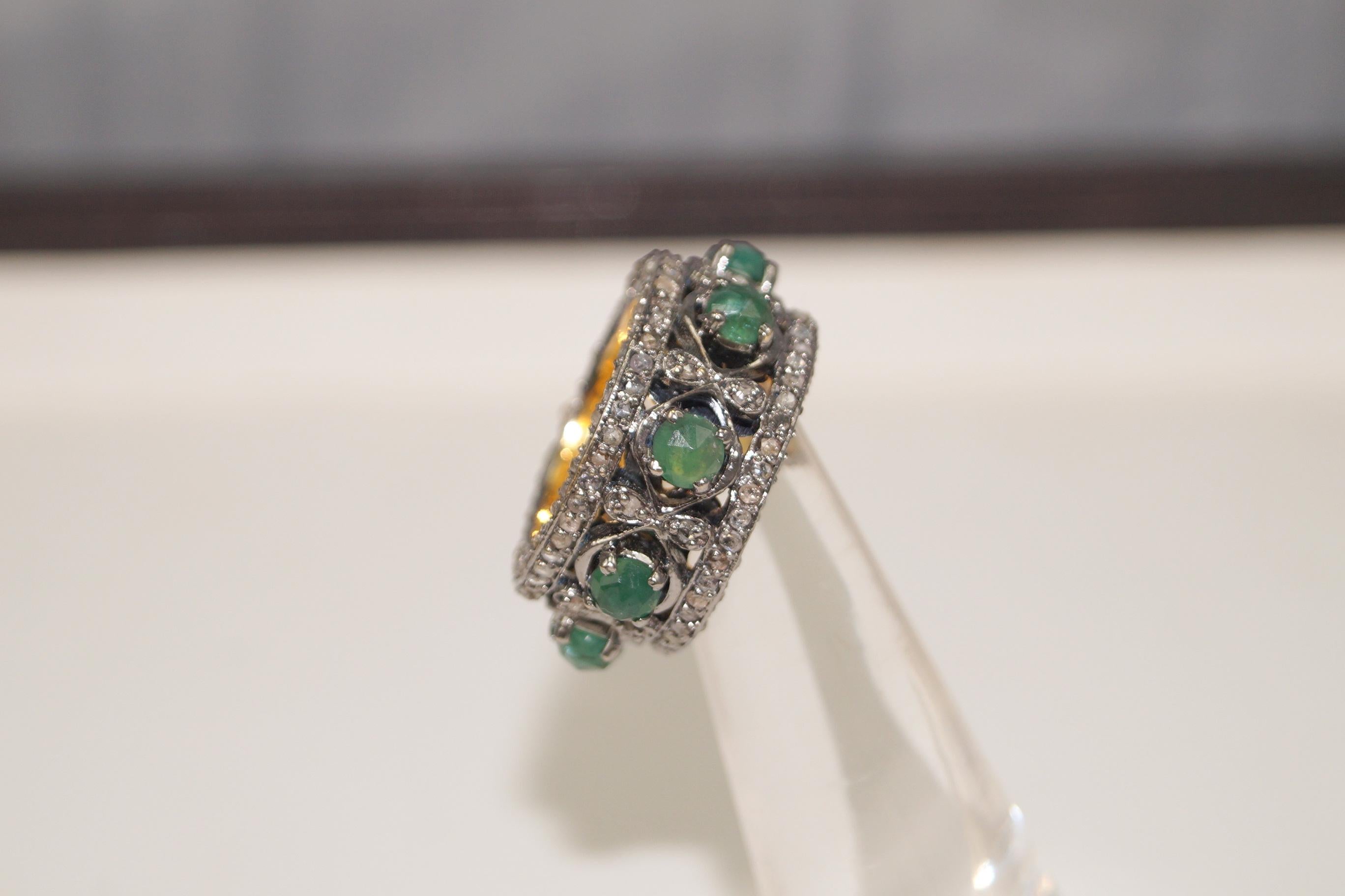 Octagon Cut Certified Natural pave diamond emerald 925 silver gold plated eternity band ring For Sale