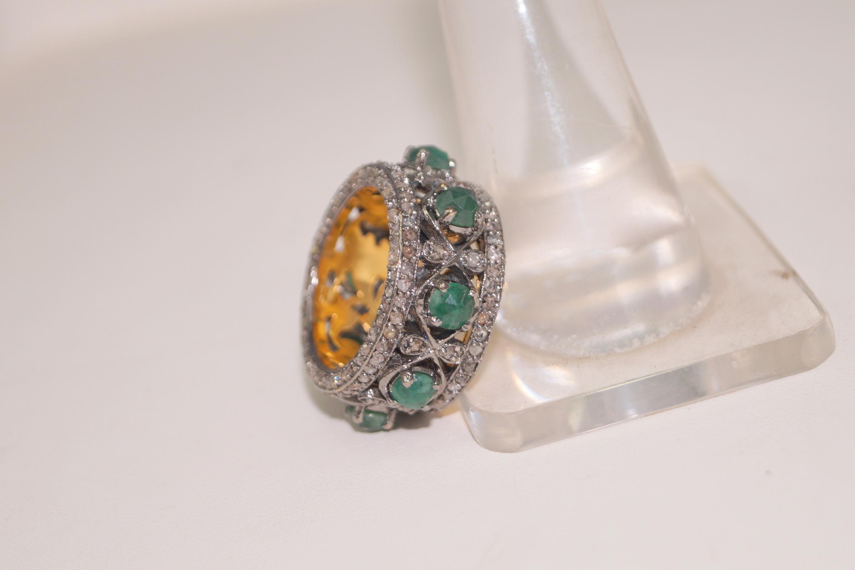 Certified Natural pave diamond emerald 925 silver gold plated eternity band ring For Sale 1