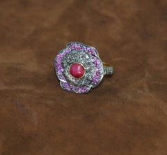 Certified natural pave diamond ruby 925 silver flower wedding ring