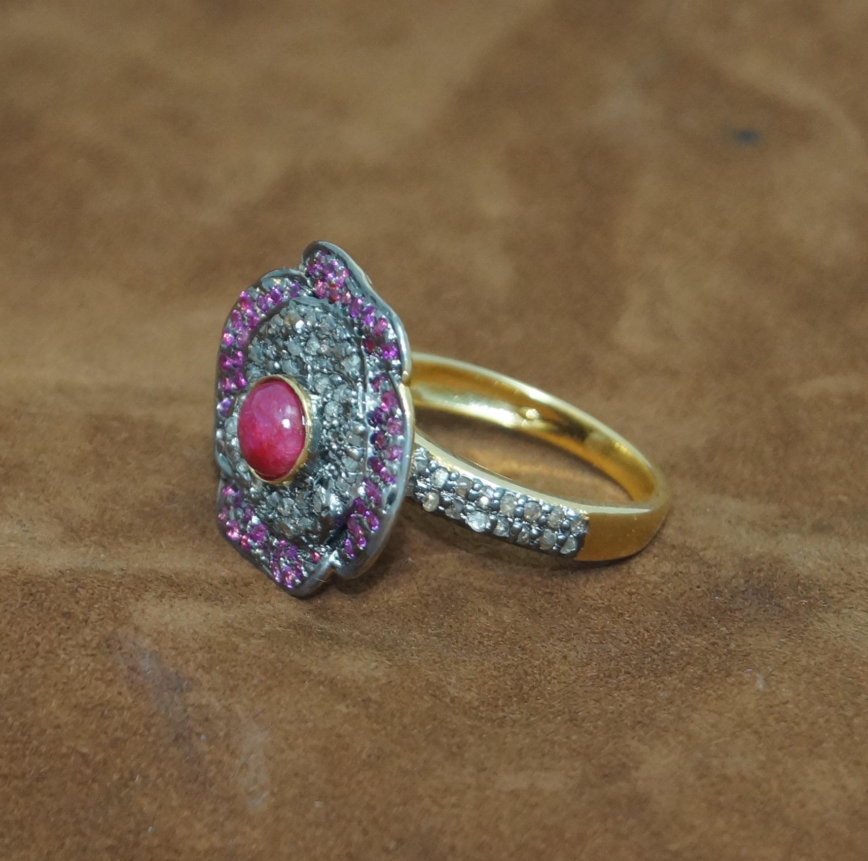 Art Nouveau Certified natural pave diamond ruby 925 silver flower wedding ring For Sale