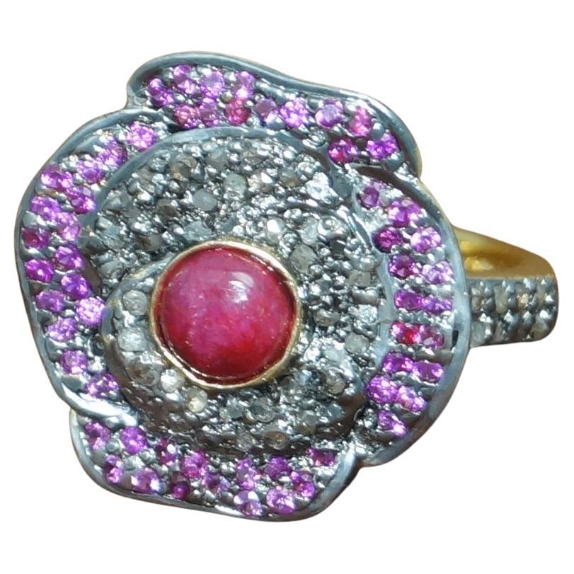 Certified natural pave diamond ruby 925 silver flower wedding ring For Sale
