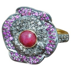 Certified natural pave diamond ruby 925 silver flower wedding ring