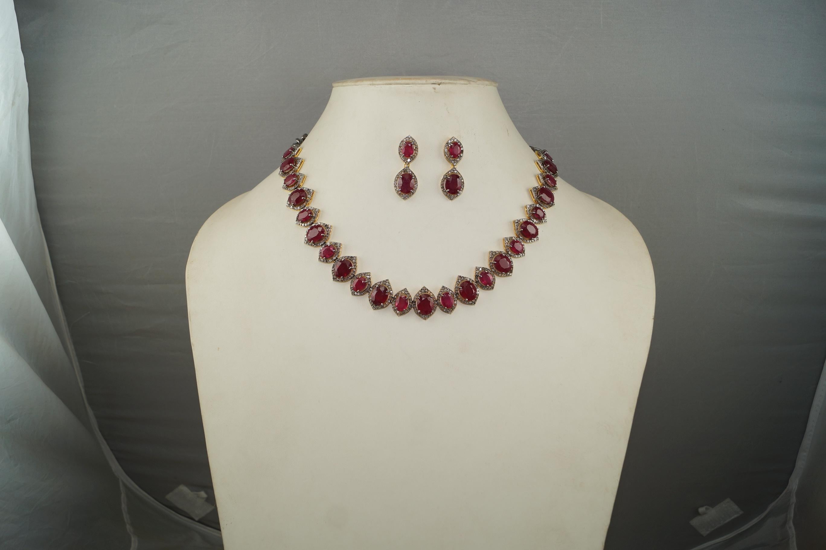 Certified Natural Pave Diamond Ruby Sterling silver bridal wedding necklace For Sale 7